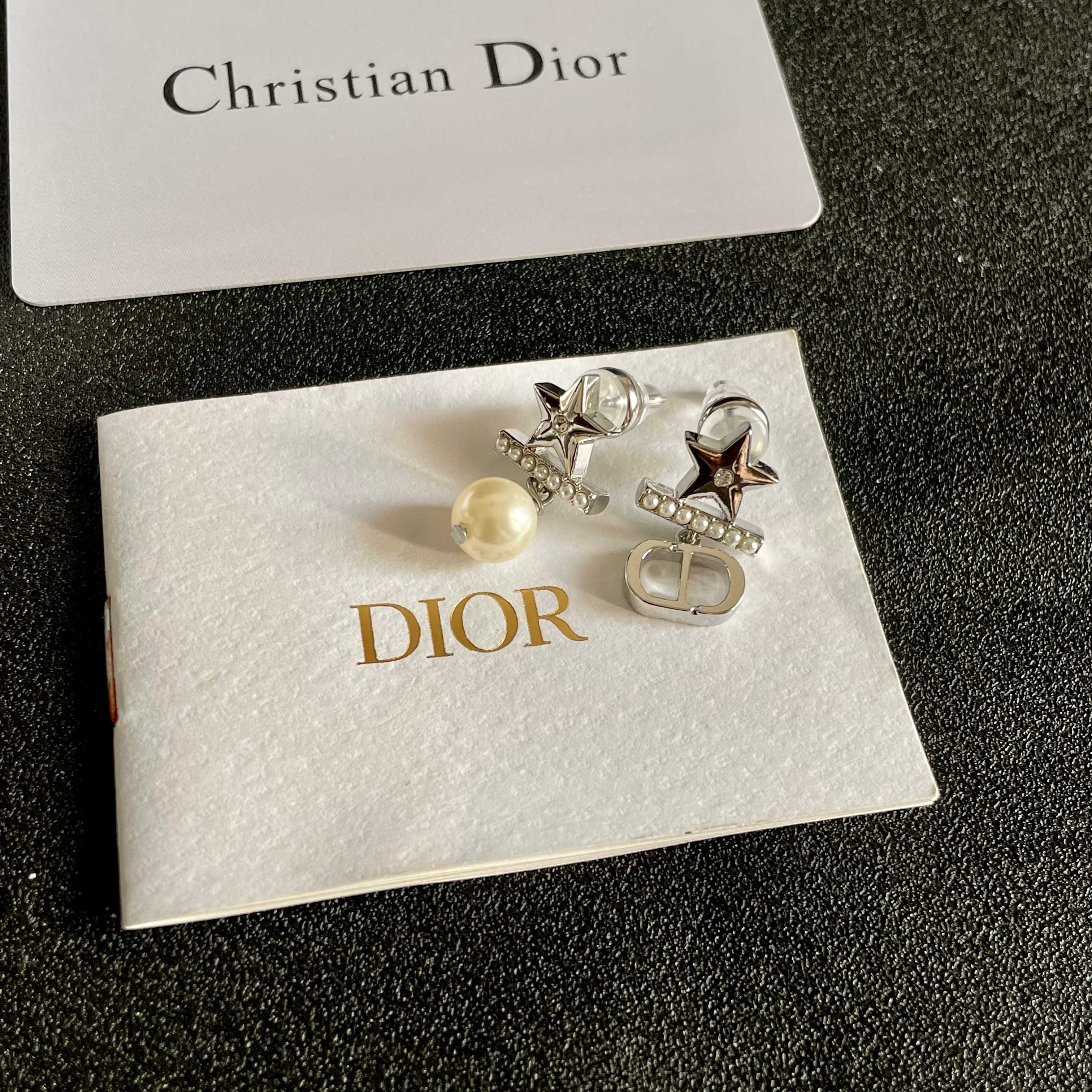 Dior CD Star Pearl Drop earrings Silver-toned metal white faux pearl clear crystal accents One Size