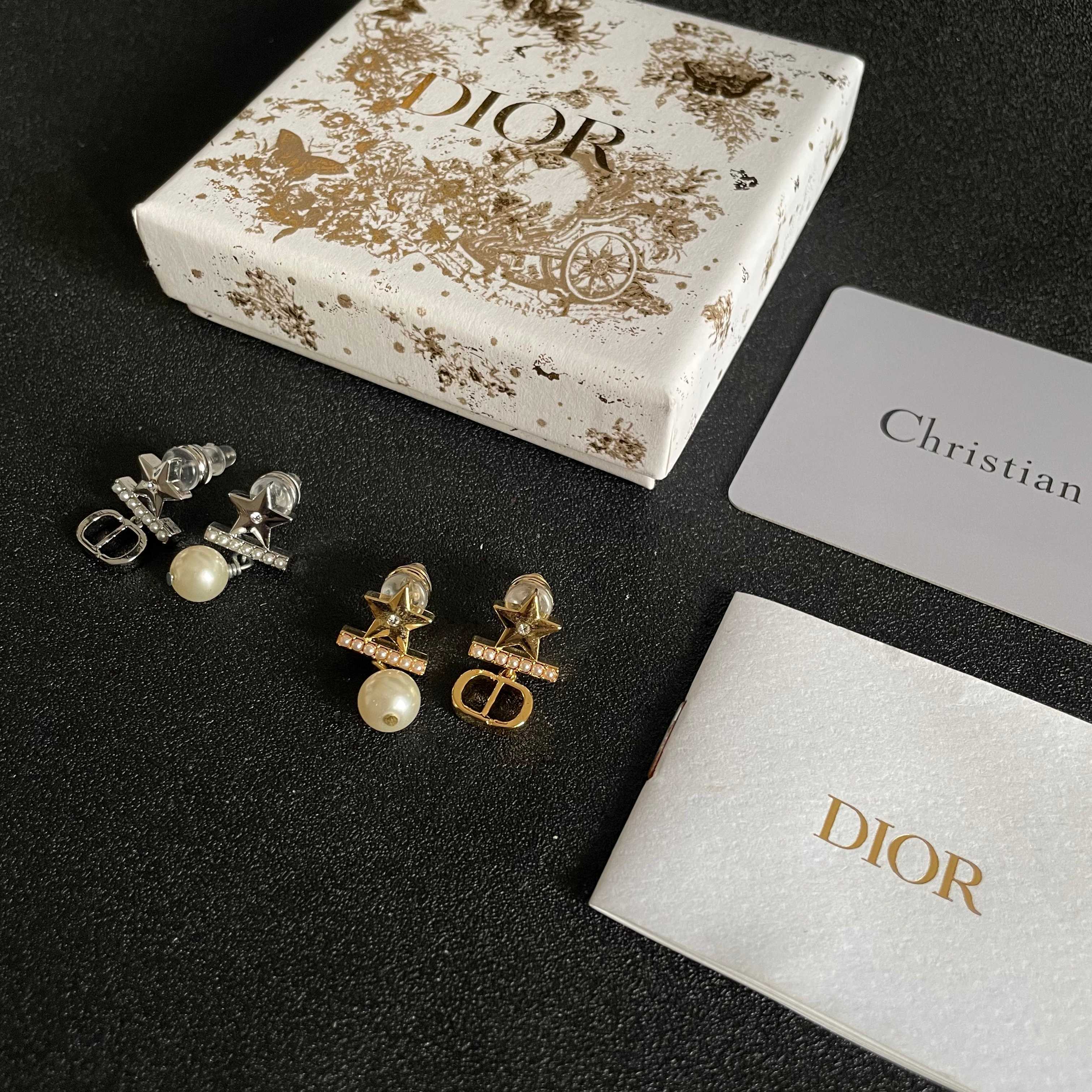 Dior Star CD Logo Pearl Drop earrings Gold-tone brass clear crystal accent cream faux pearl One Size drop length approx 2cm