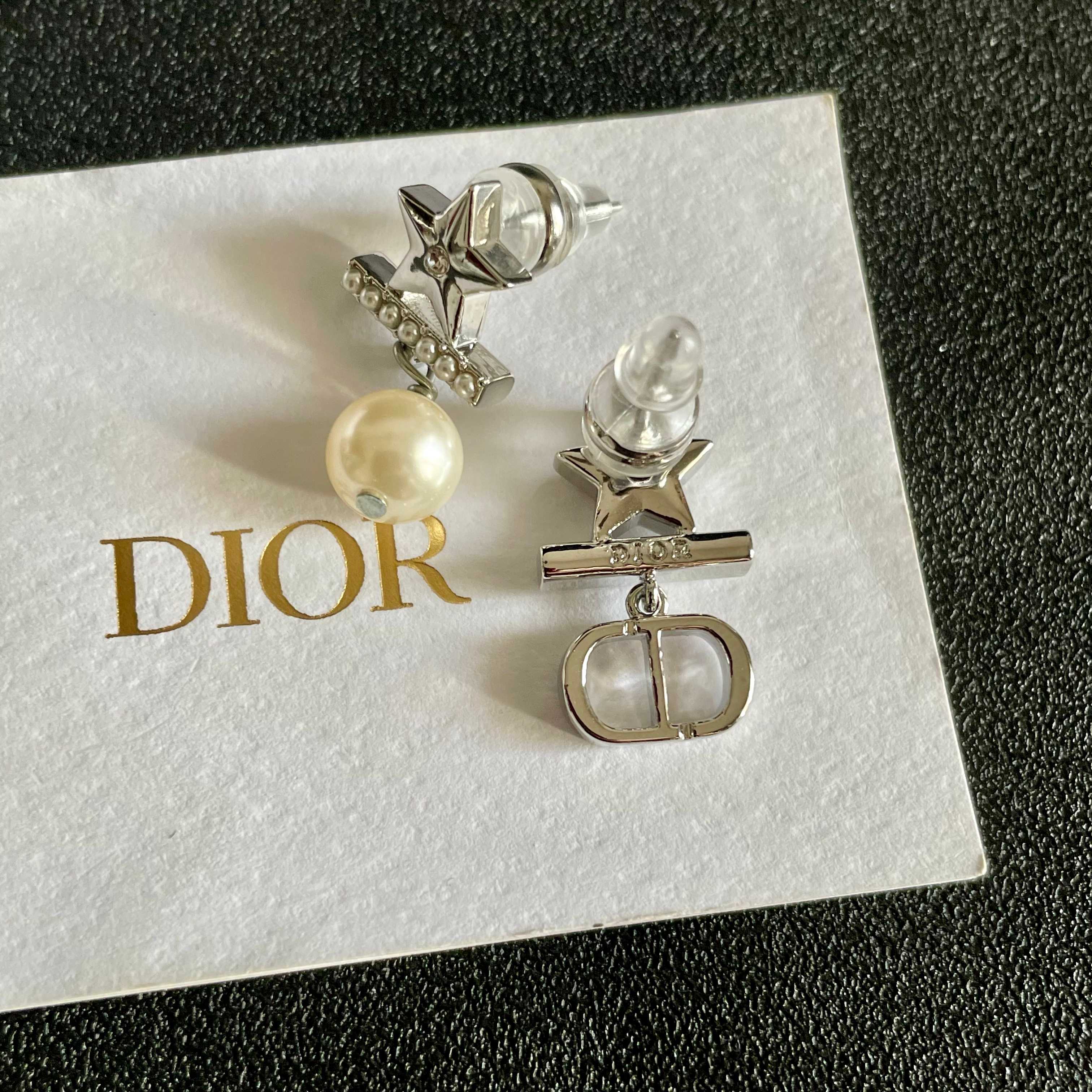 Dior CD Star Pearl Drop earrings Silver-toned metal white faux pearl clear crystal accents One Size