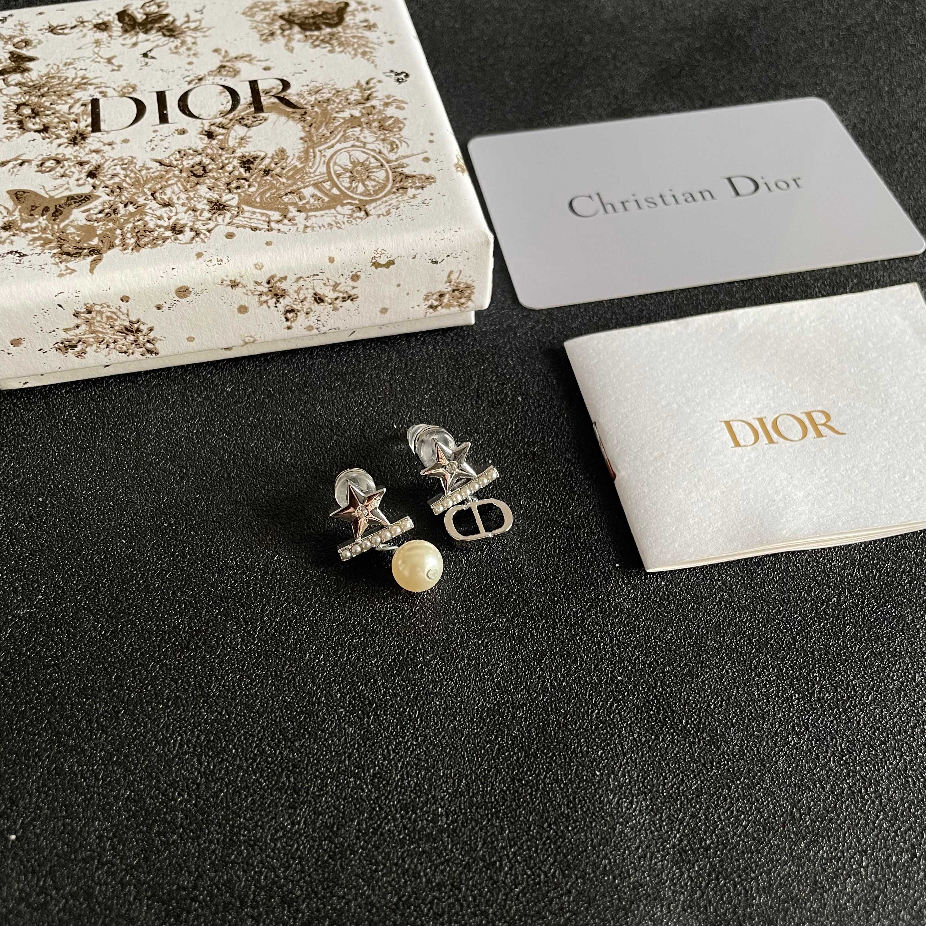 Dior CD Star Pearl Drop earrings Silver-toned metal white faux pearl clear crystal accents One Size