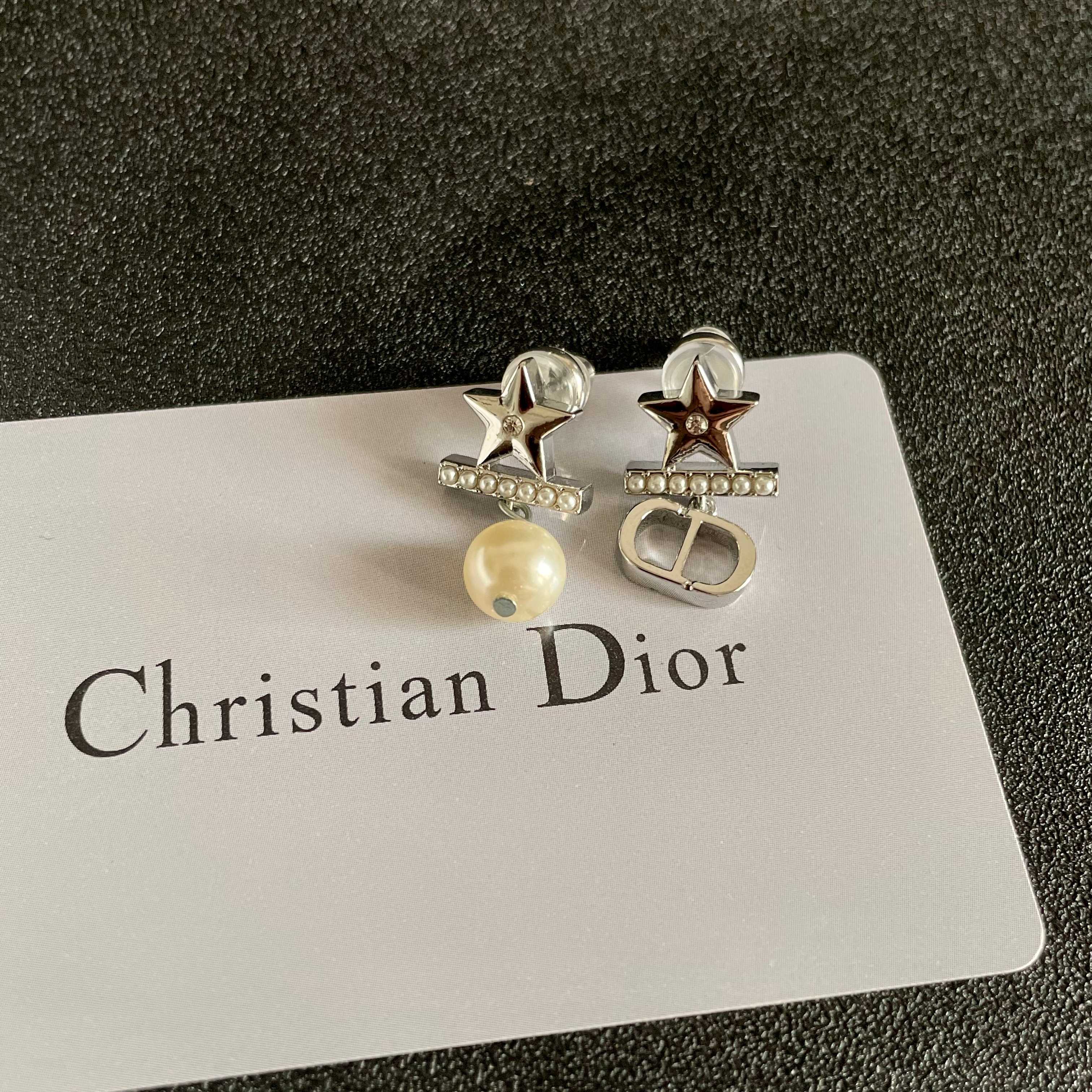 Dior CD Star Pearl Drop earrings Silver-toned metal white faux pearl clear crystal accents One Size