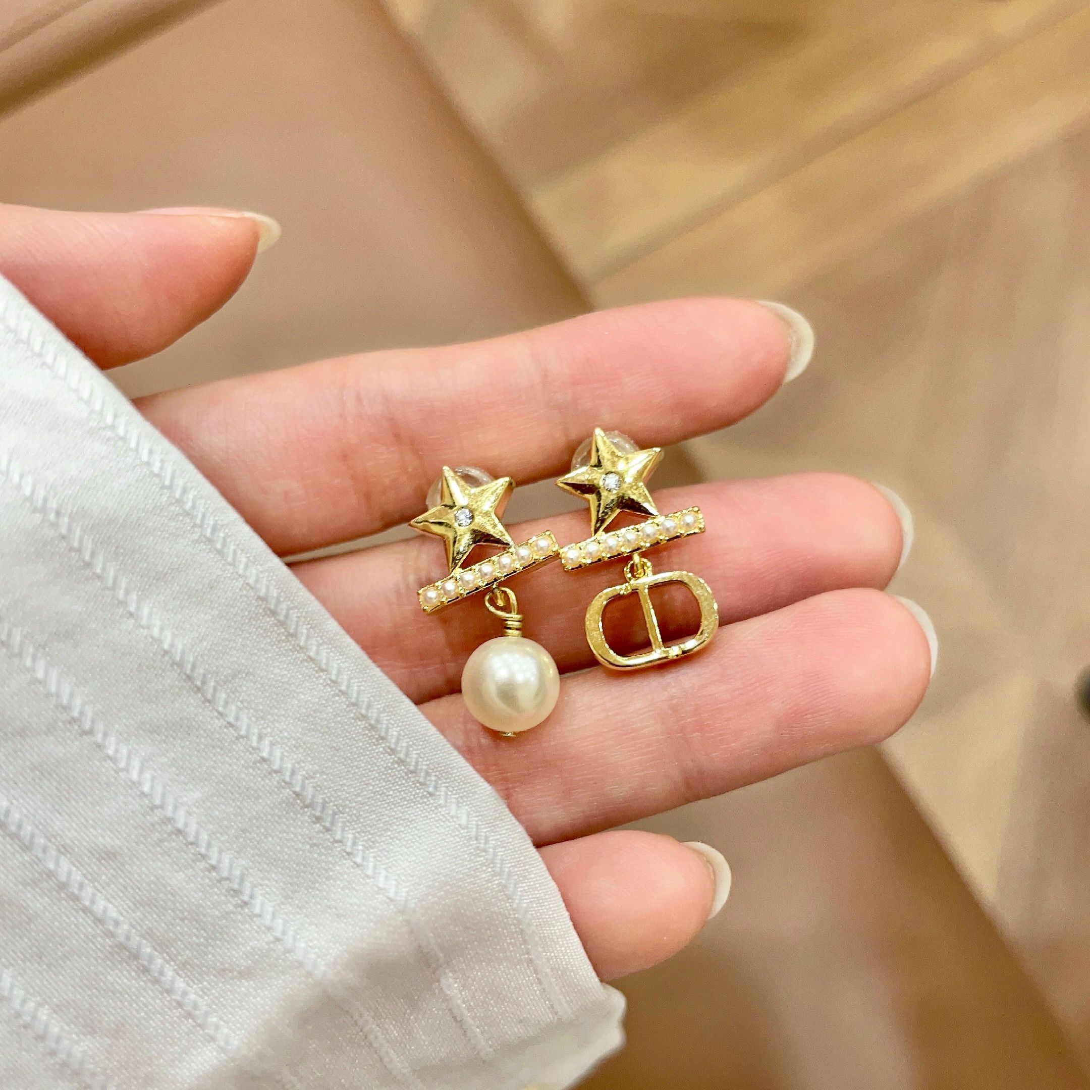Dior Star CD Logo Pearl Drop earrings Gold-tone brass clear crystal accent cream faux pearl One Size drop length approx 2cm