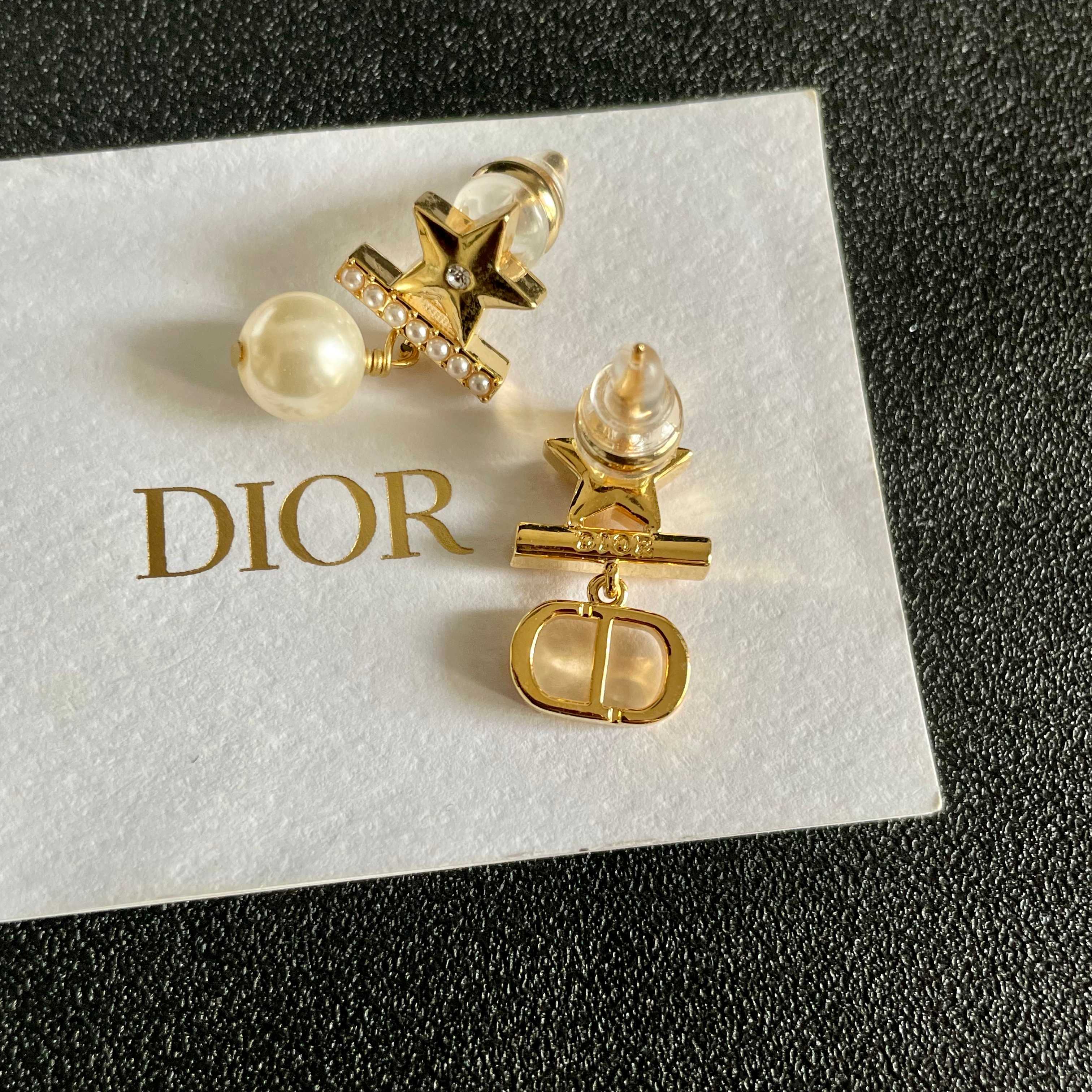 Dior Star CD Logo Pearl Drop earrings Gold-tone brass clear crystal accent cream faux pearl One Size drop length approx 2cm