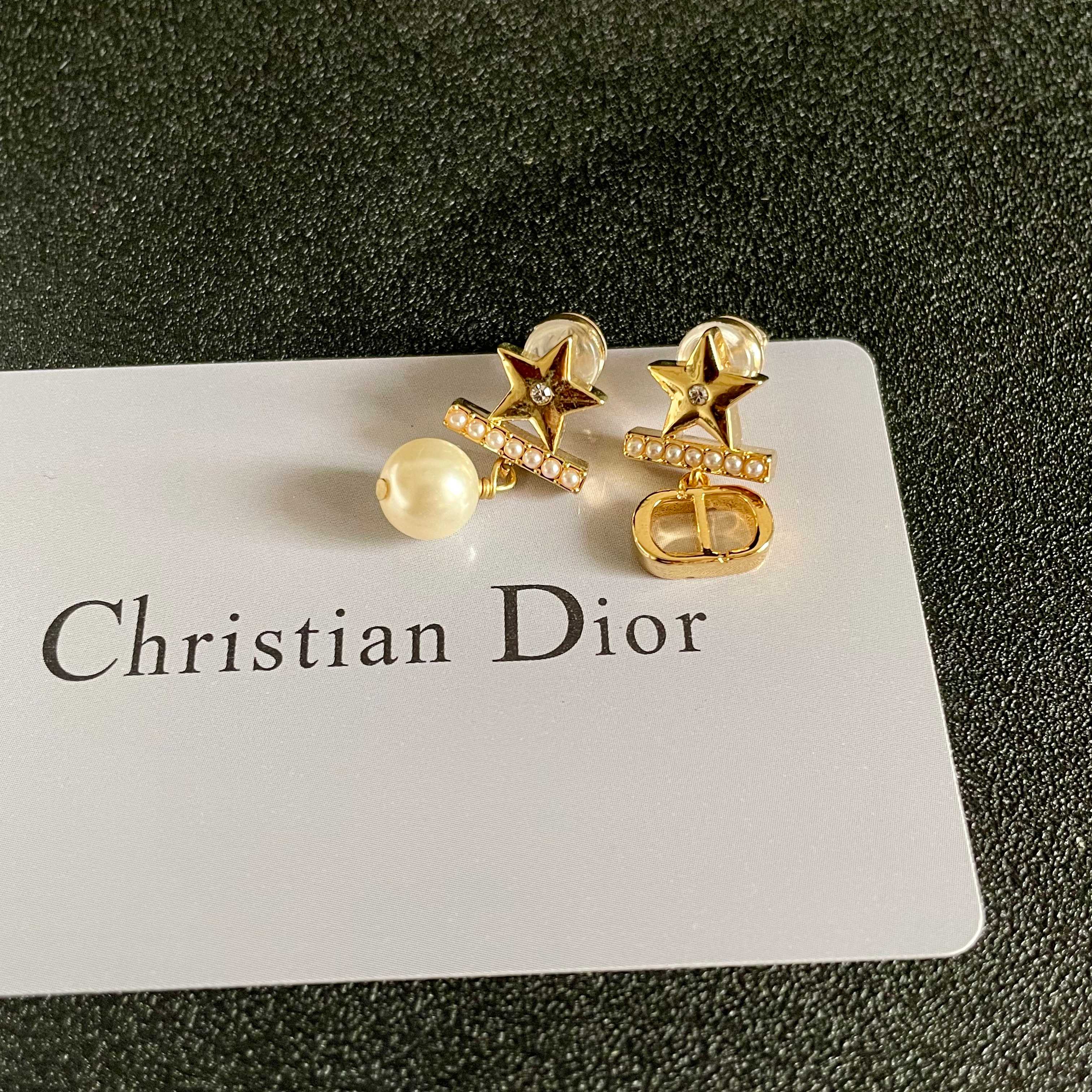 Dior Star CD Logo Pearl Drop earrings Gold-tone brass clear crystal accent cream faux pearl One Size drop length approx 2cm