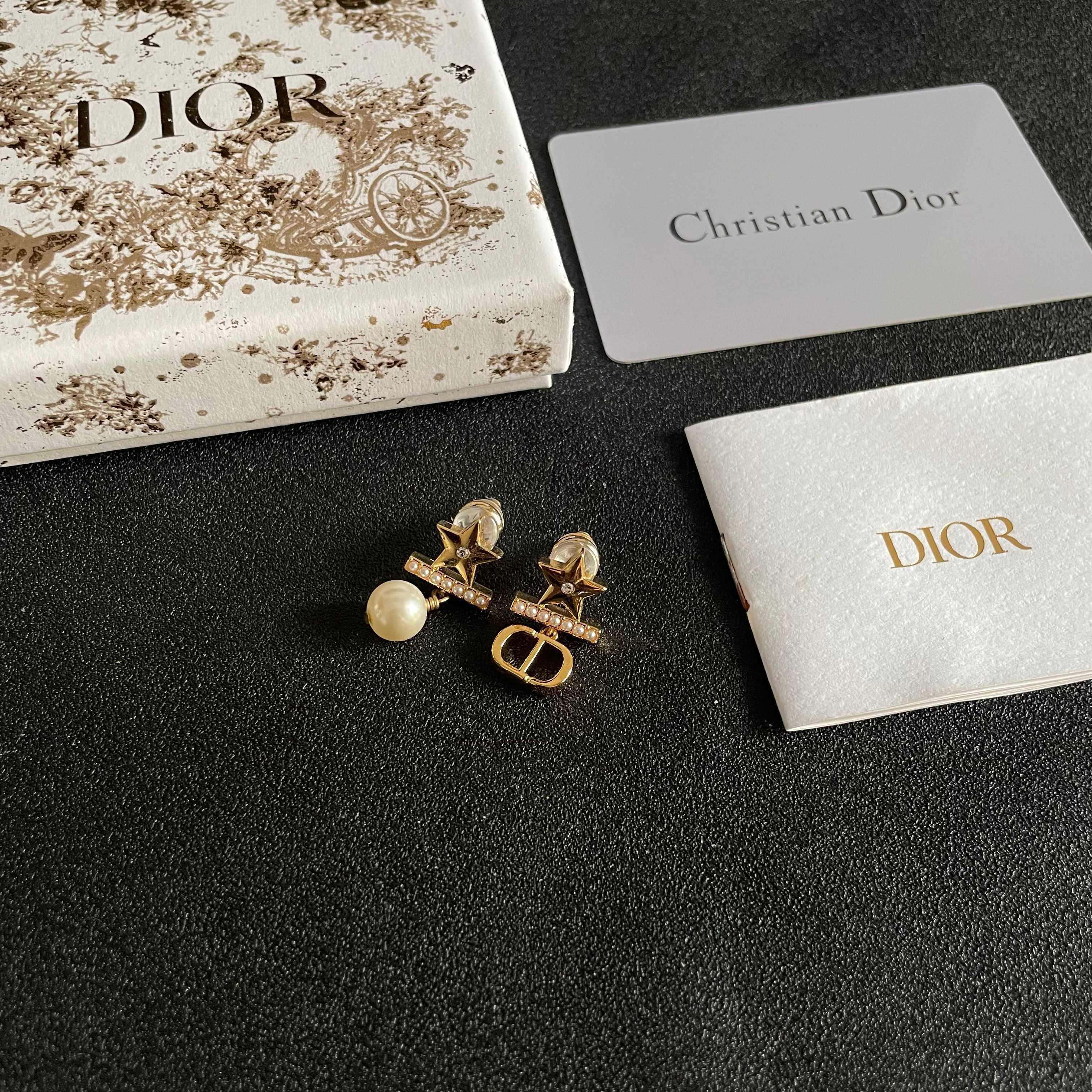 Dior Star CD Logo Pearl Drop earrings Gold-tone brass clear crystal accent cream faux pearl One Size drop length approx 2cm
