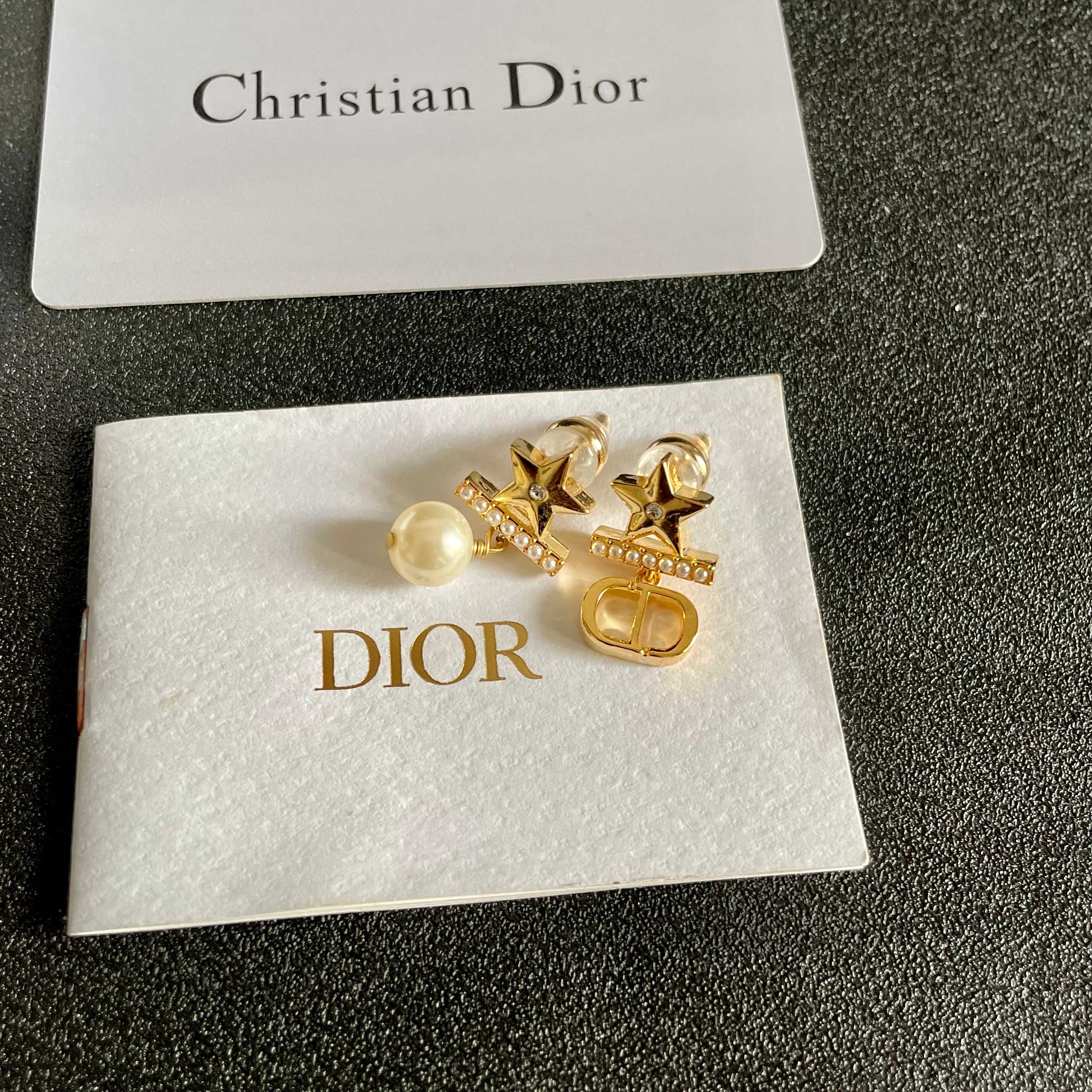Dior Star CD Logo Pearl Drop earrings Gold-tone brass clear crystal accent cream faux pearl One Size drop length approx 2cm