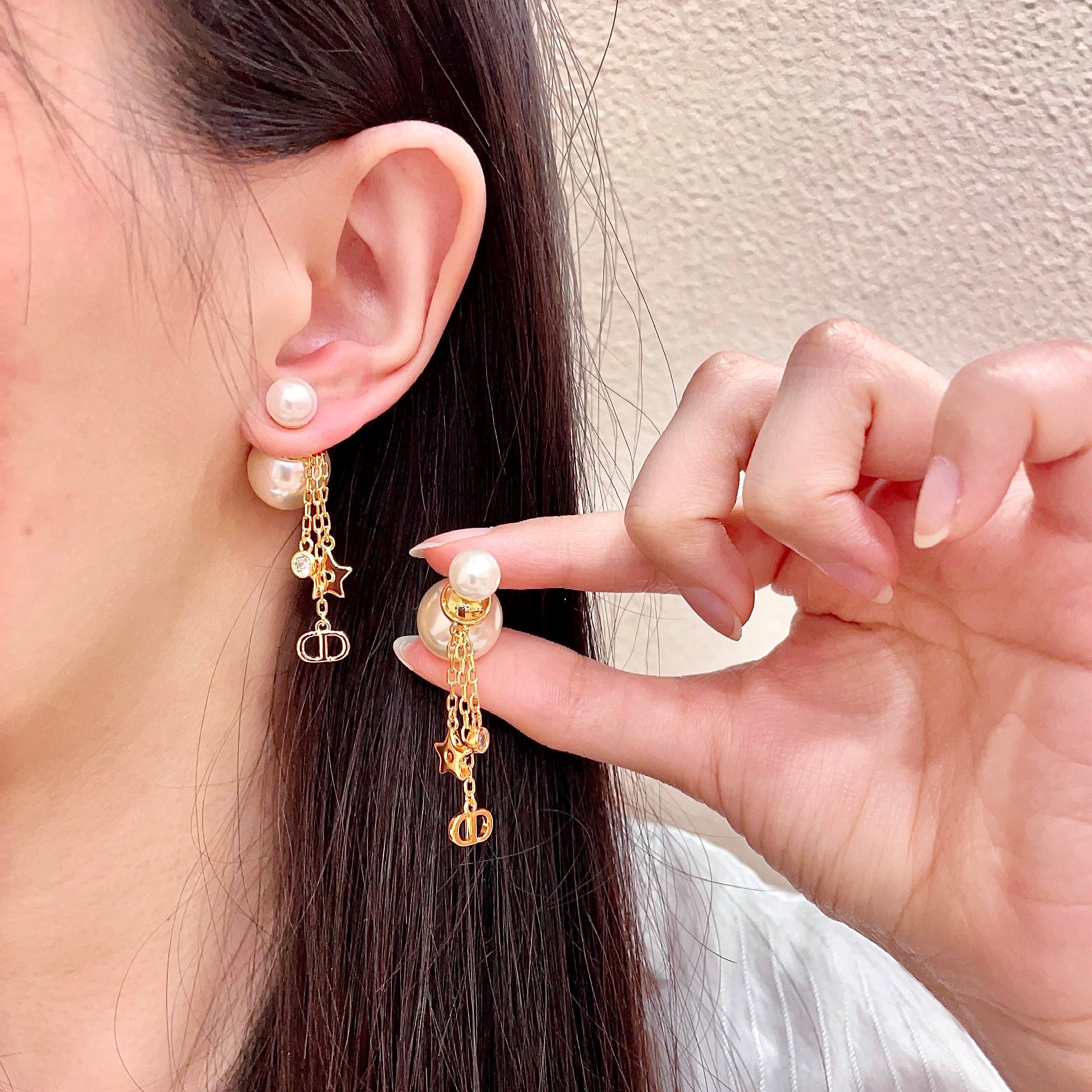 Dior Tribales Pearl Star CD Charm Drop Earrings earrings Gold-tone metal white faux pearl clear crystal One Size drop length approximately 3 5cm