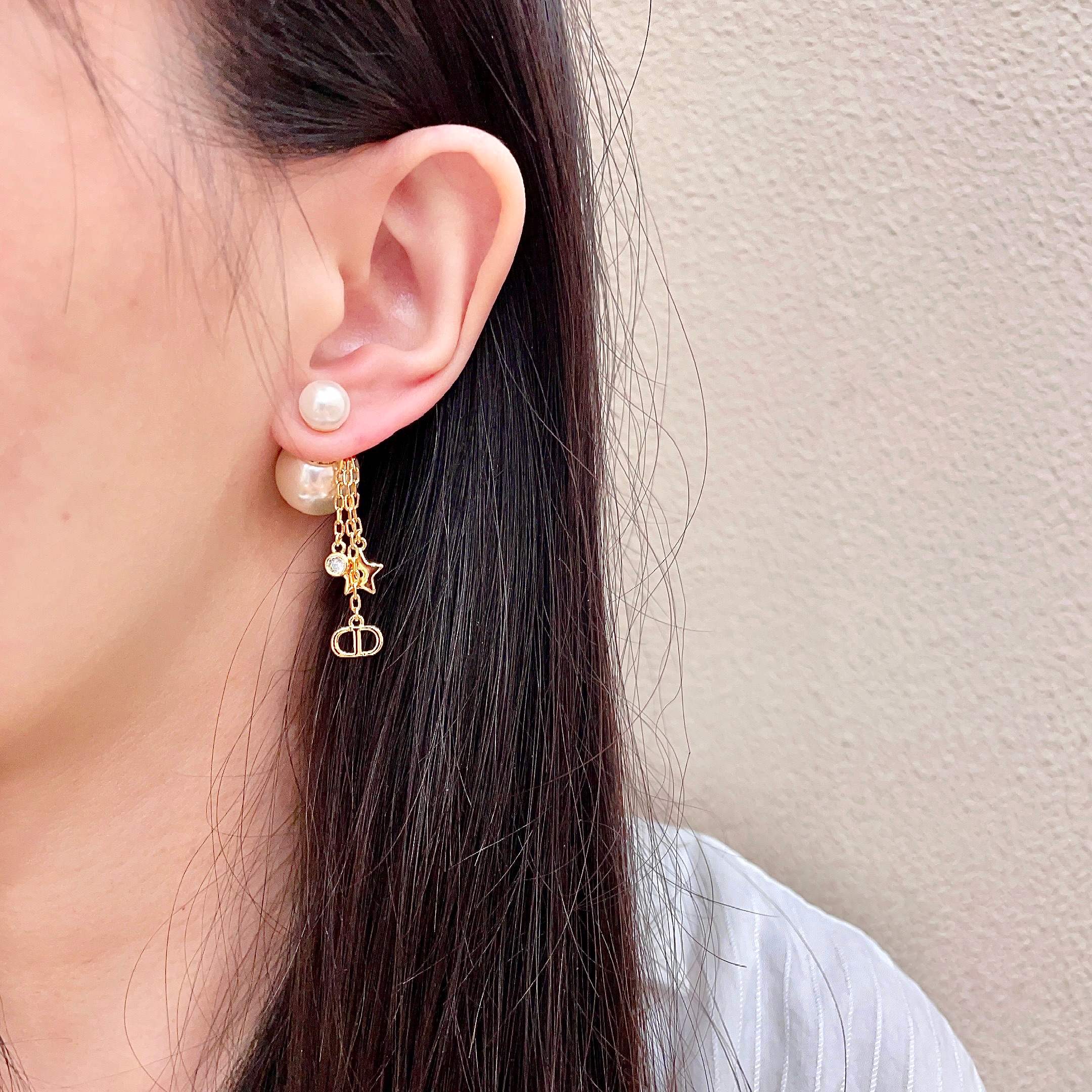 Dior Tribales Pearl Star CD Charm Drop Earrings earrings Gold-tone metal white faux pearl clear crystal One Size drop length approximately 3 5cm