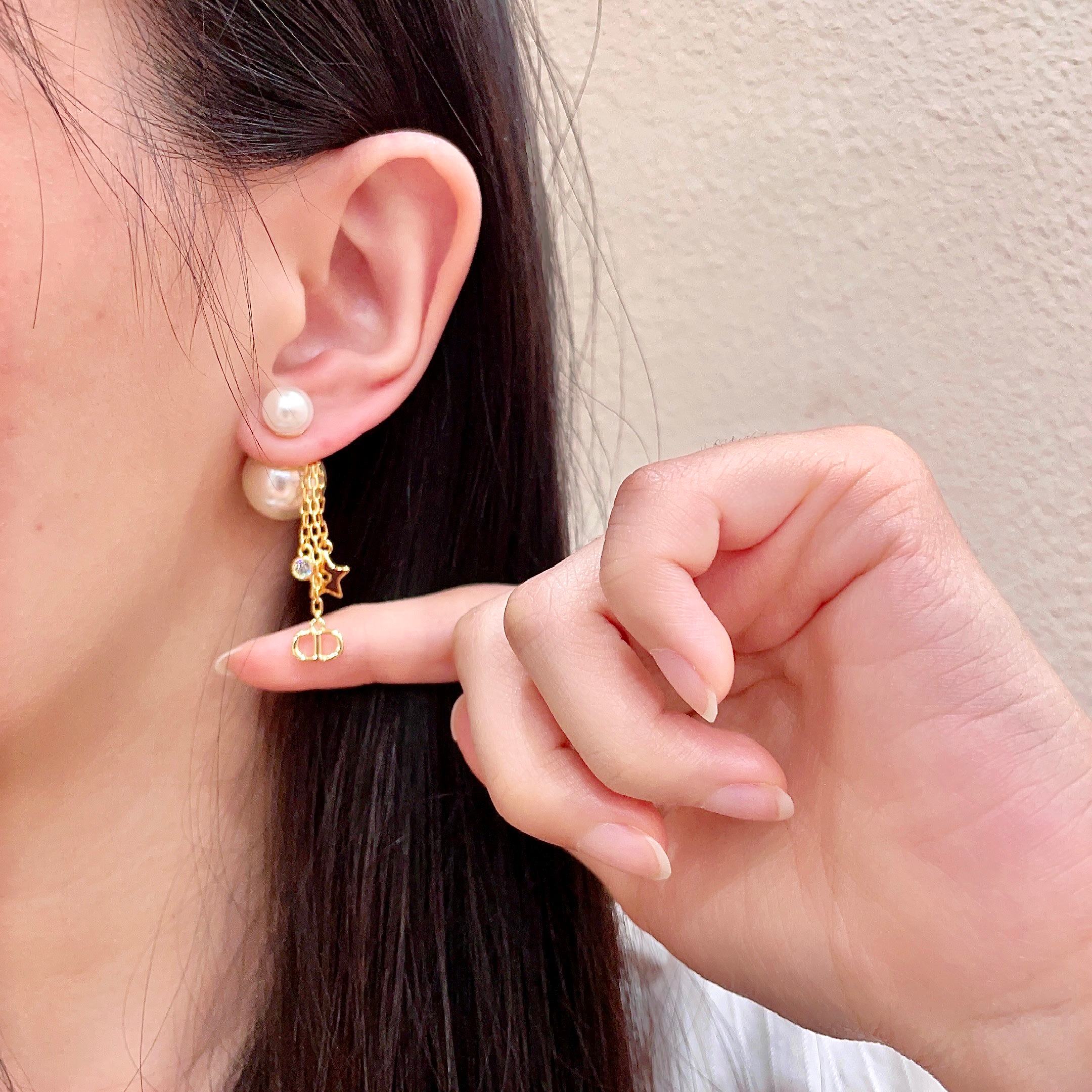 Dior Tribales Pearl Star CD Charm Drop Earrings earrings Gold-tone metal white faux pearl clear crystal One Size drop length approximately 3 5cm