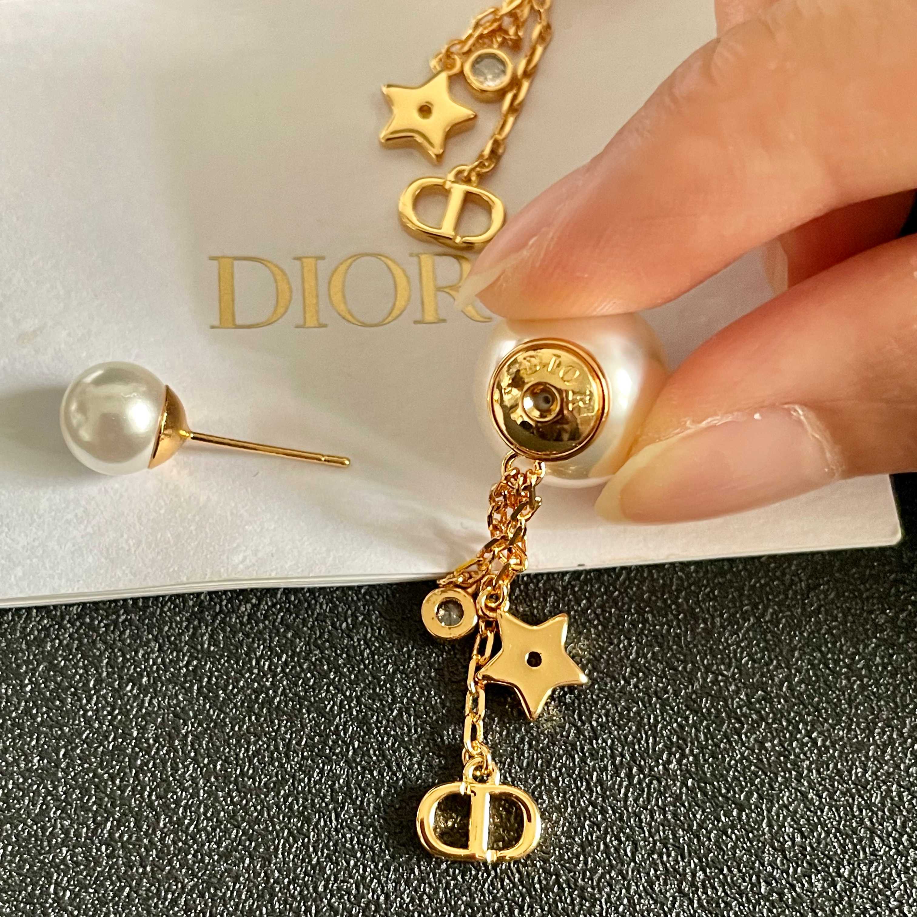 Dior Tribales Pearl Star CD Charm Drop Earrings earrings Gold-tone metal white faux pearl clear crystal One Size drop length approximately 3 5cm