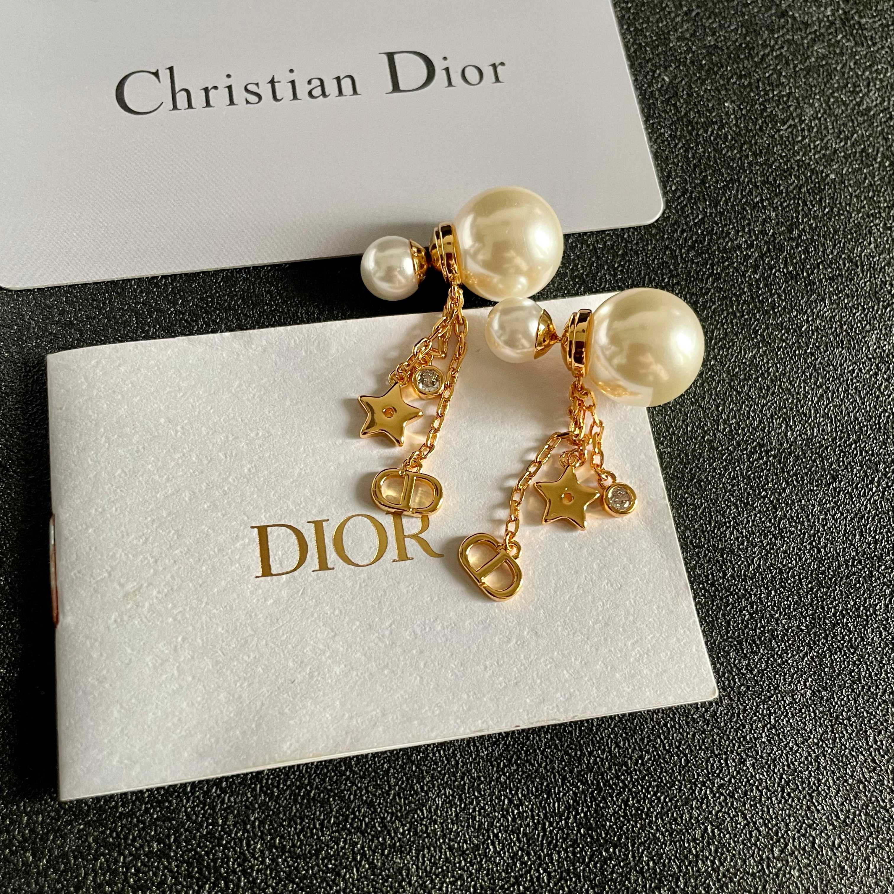 Dior Tribales Pearl Star CD Charm Drop Earrings earrings Gold-tone metal white faux pearl clear crystal One Size drop length approximately 3 5cm