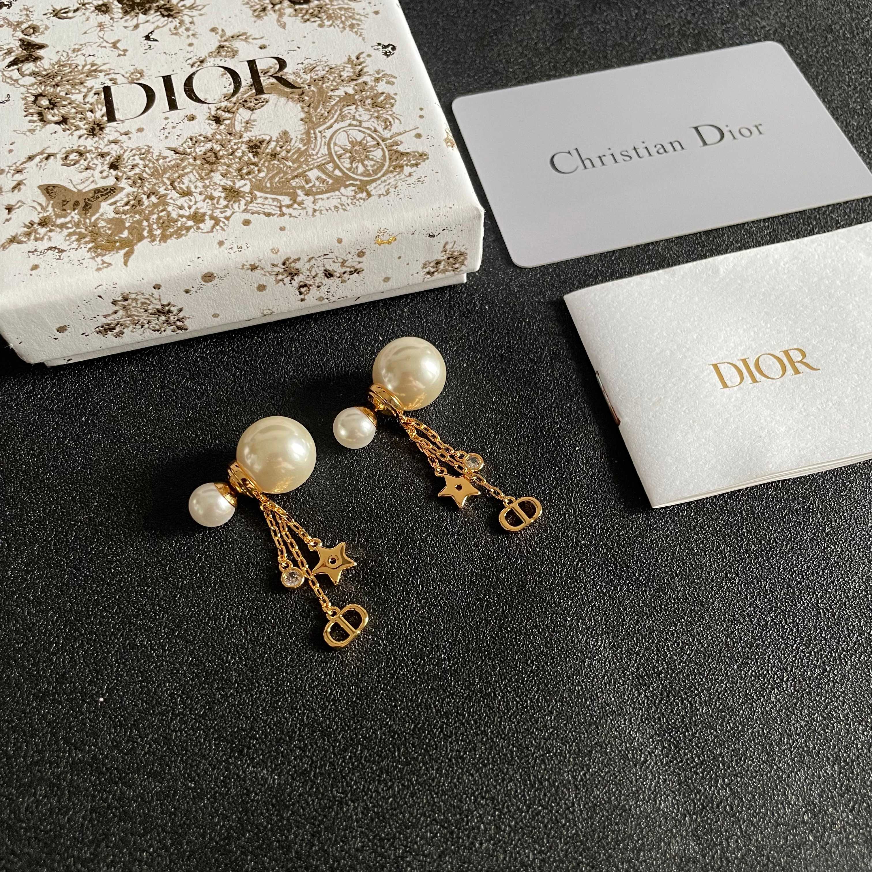 Dior Tribales Pearl Star CD Charm Drop Earrings earrings Gold-tone metal white faux pearl clear crystal One Size drop length approximately 3 5cm
