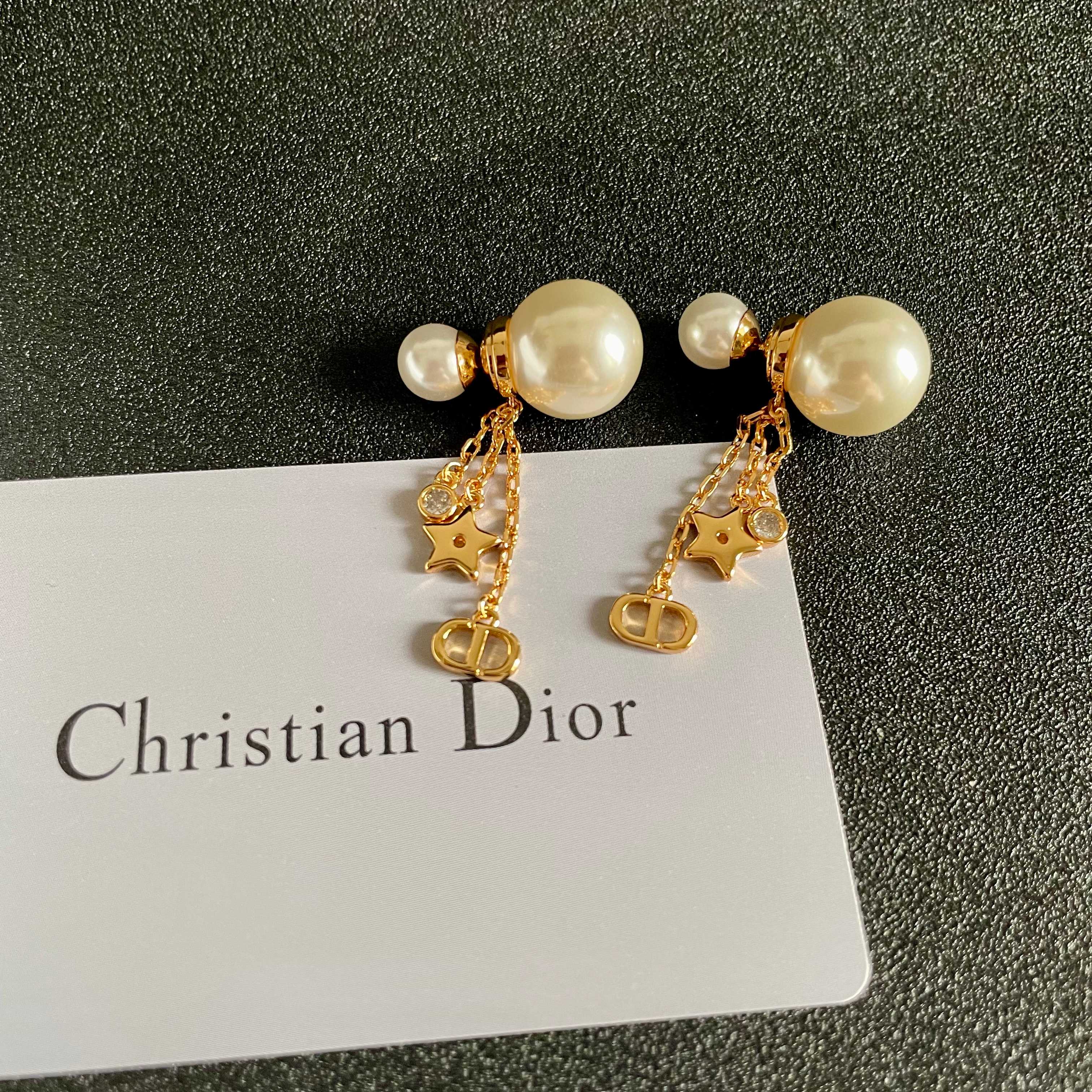 Dior Tribales Pearl Star CD Charm Drop Earrings earrings Gold-tone metal white faux pearl clear crystal One Size drop length approximately 3 5cm