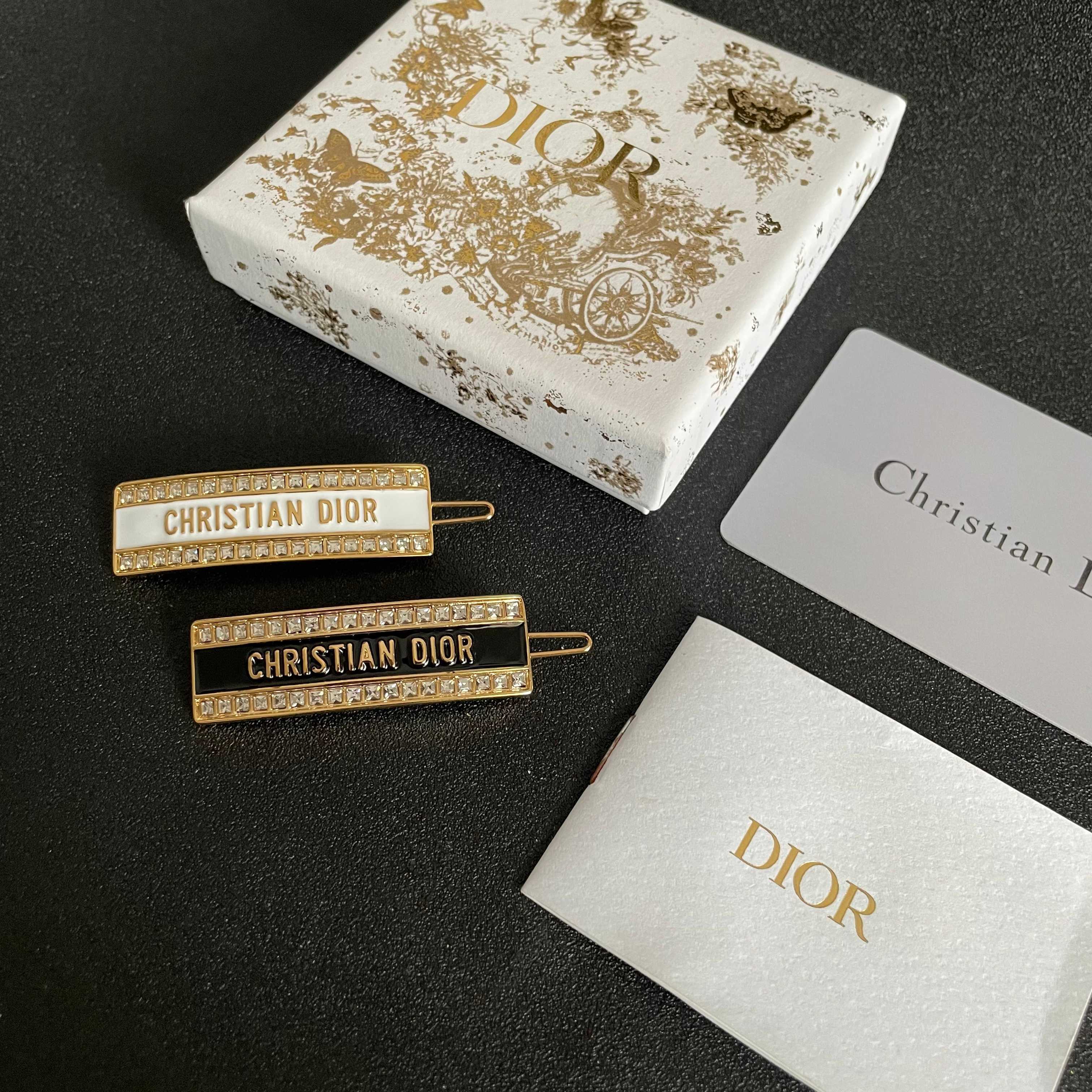 Dior Christian Dior Logo Barrette brooch Gold-tone metal with black enamel and clear crystal accents 5cm
