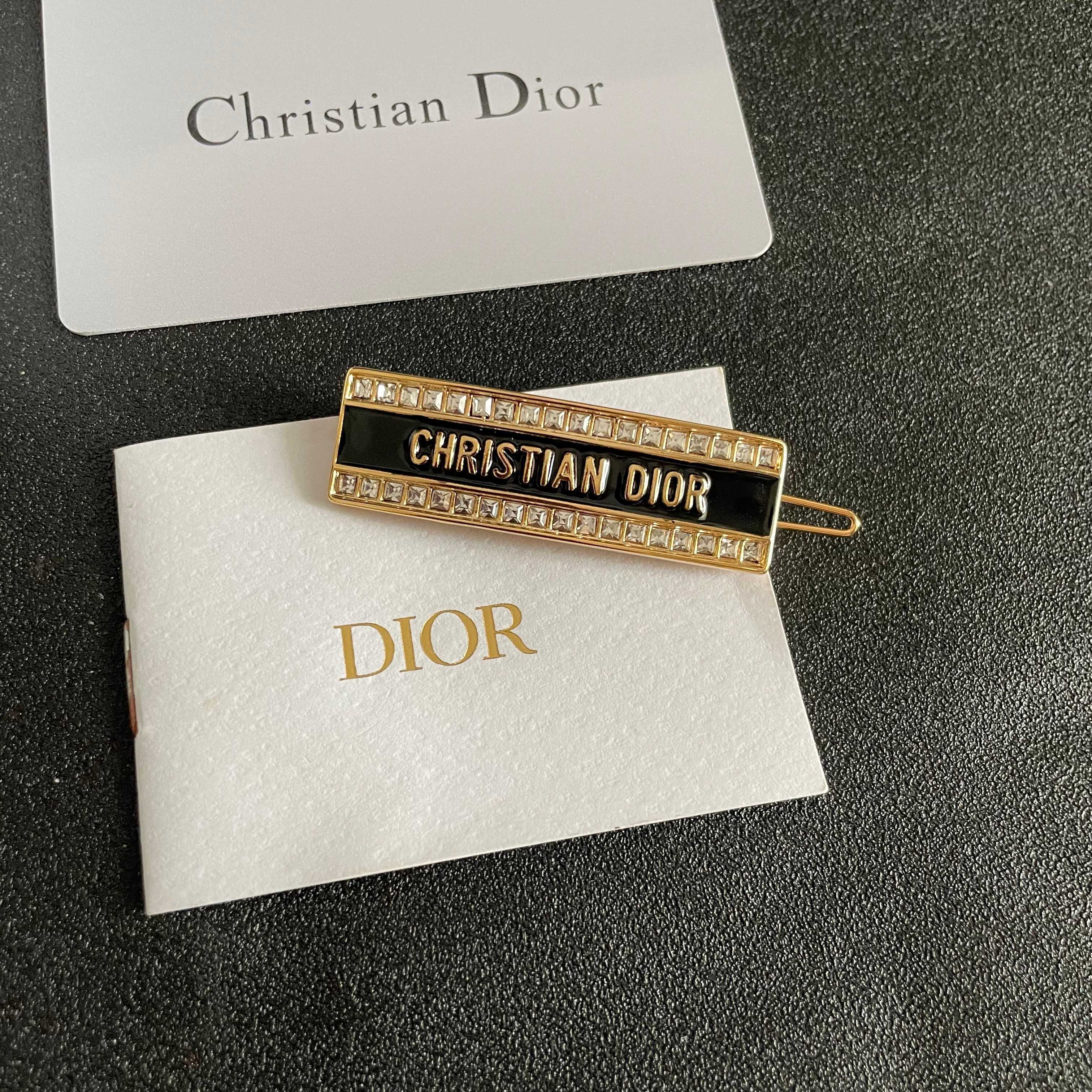 Dior Christian Dior Logo Barrette brooch Gold-tone metal with black enamel and clear crystal accents 5cm