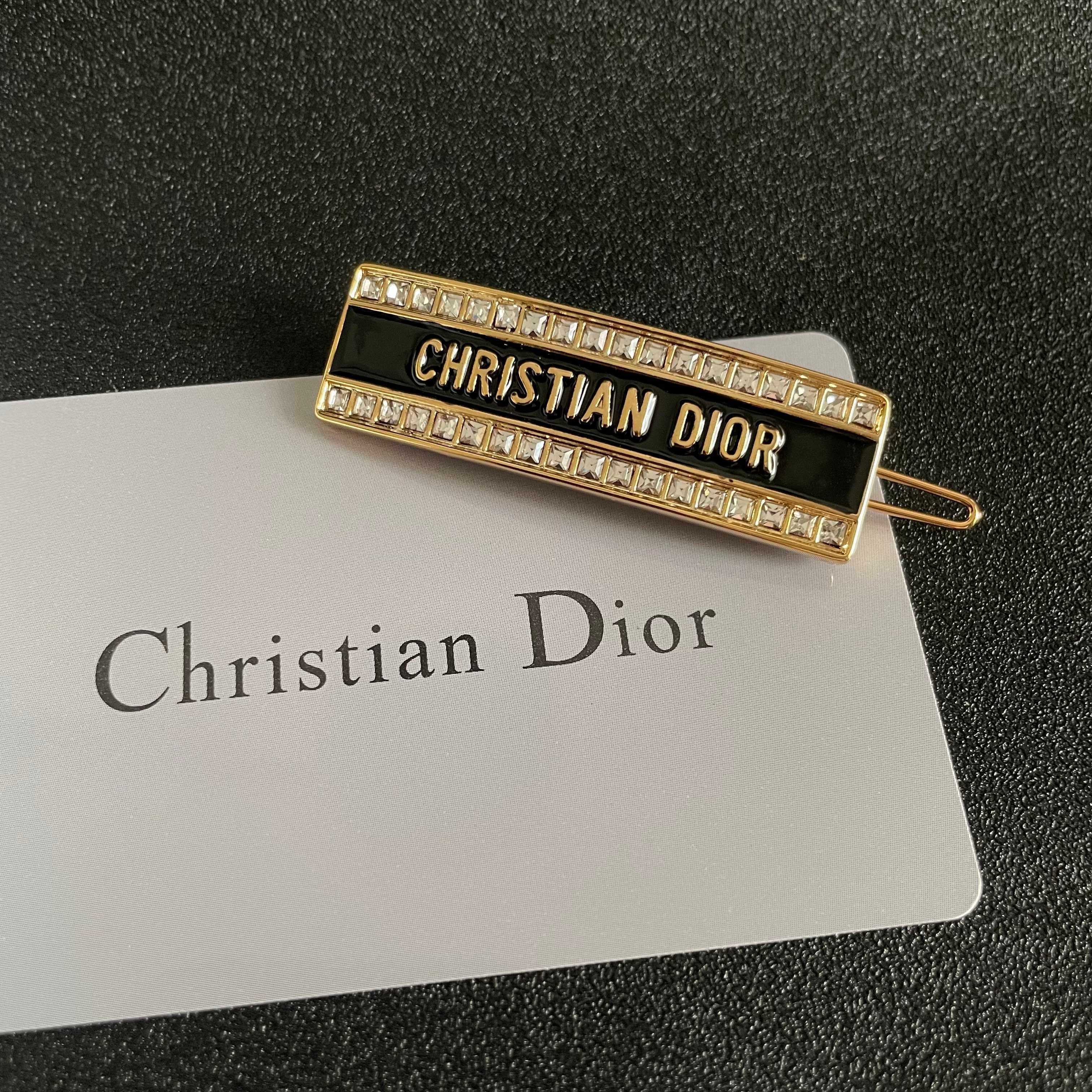 Dior Christian Dior Logo Barrette brooch Gold-tone metal with black enamel and clear crystal accents 5cm