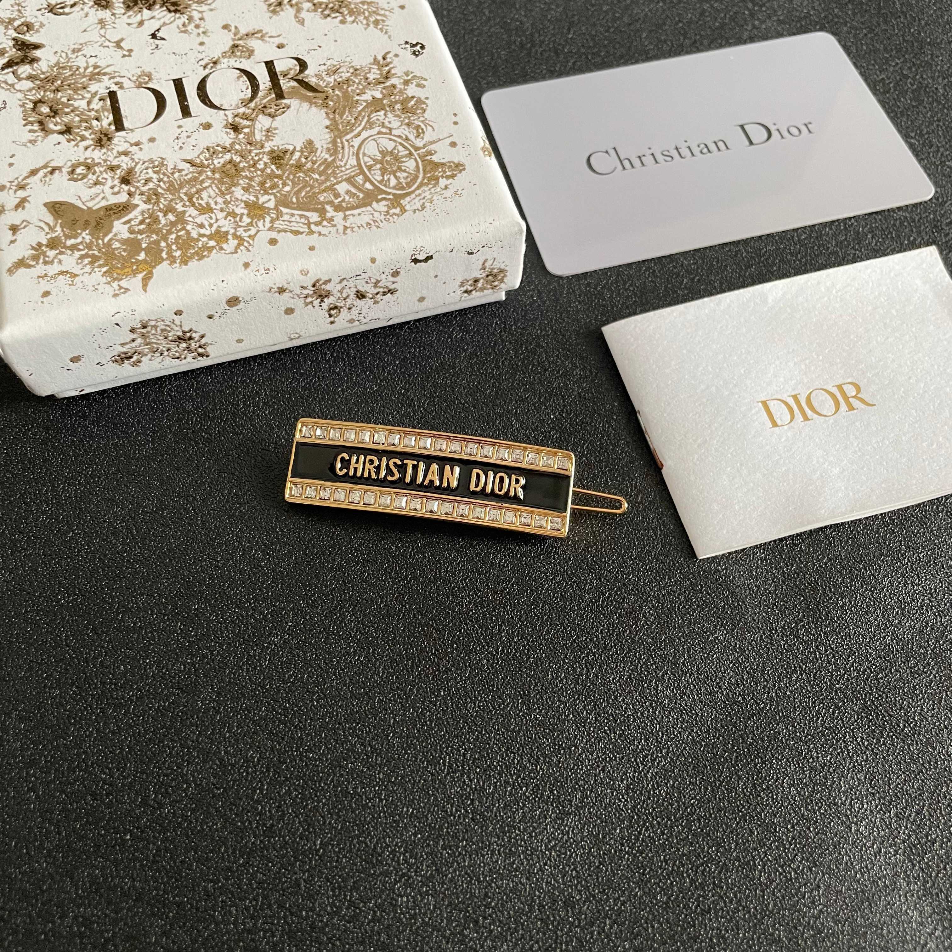 Dior Christian Dior Logo Barrette brooch Gold-tone metal with black enamel and clear crystal accents 5cm
