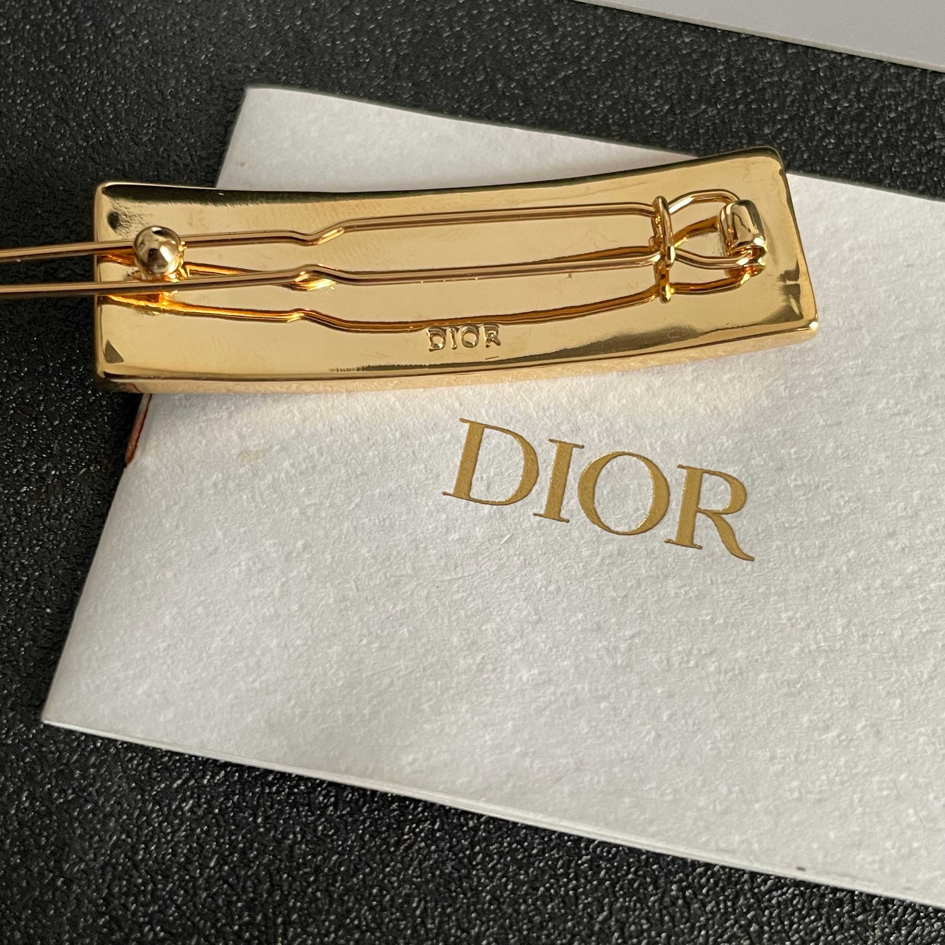 Dior Christian Dior Logo Barrette brooch Gold-tone metal with black enamel and clear crystal accents 5cm