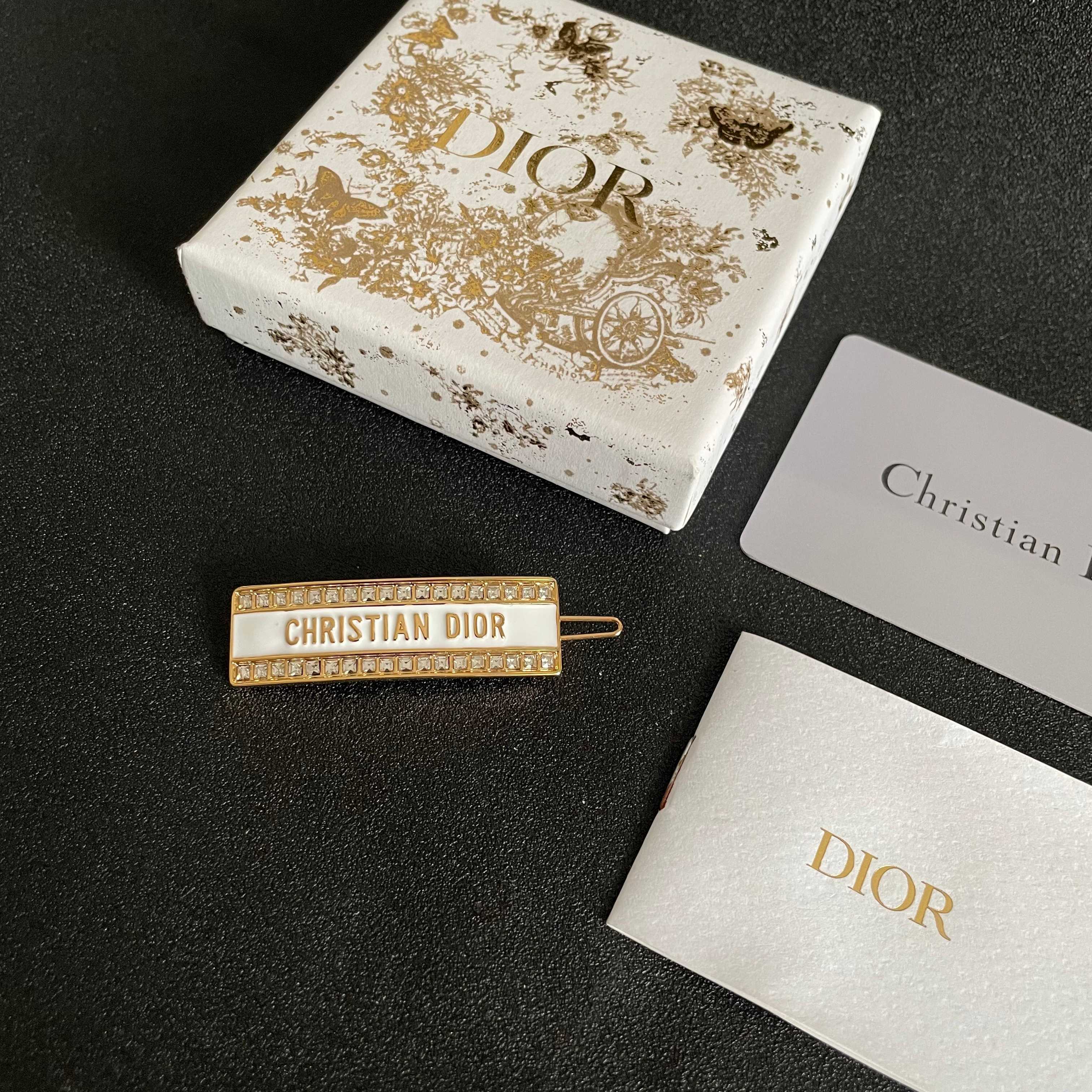 Dior Christian Dior Logo Crystal Hair Clip brooch Gold-tone metal white enamel clear crystal stones 5cm length
