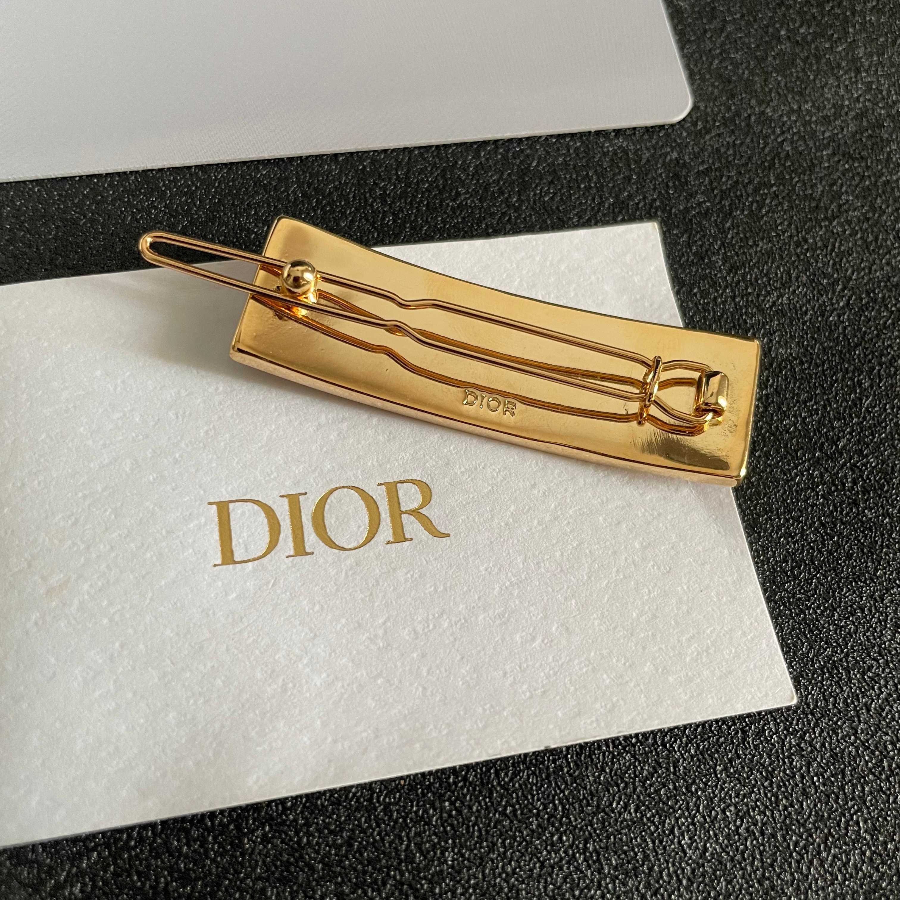 Dior Christian Dior Logo Crystal Hair Clip brooch Gold-tone metal white enamel clear crystal stones 5cm length