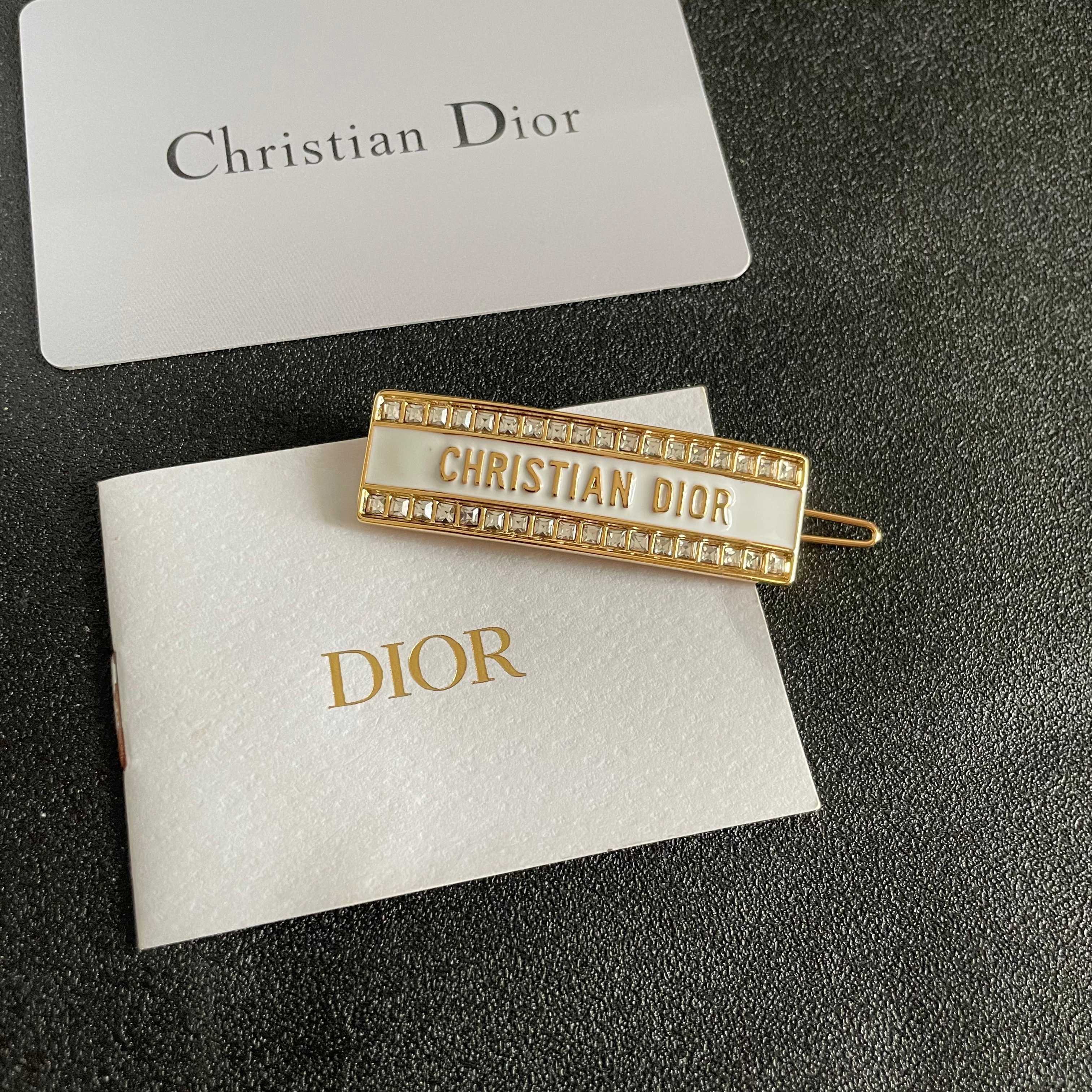Dior Christian Dior Logo Crystal Hair Clip brooch Gold-tone metal white enamel clear crystal stones 5cm length