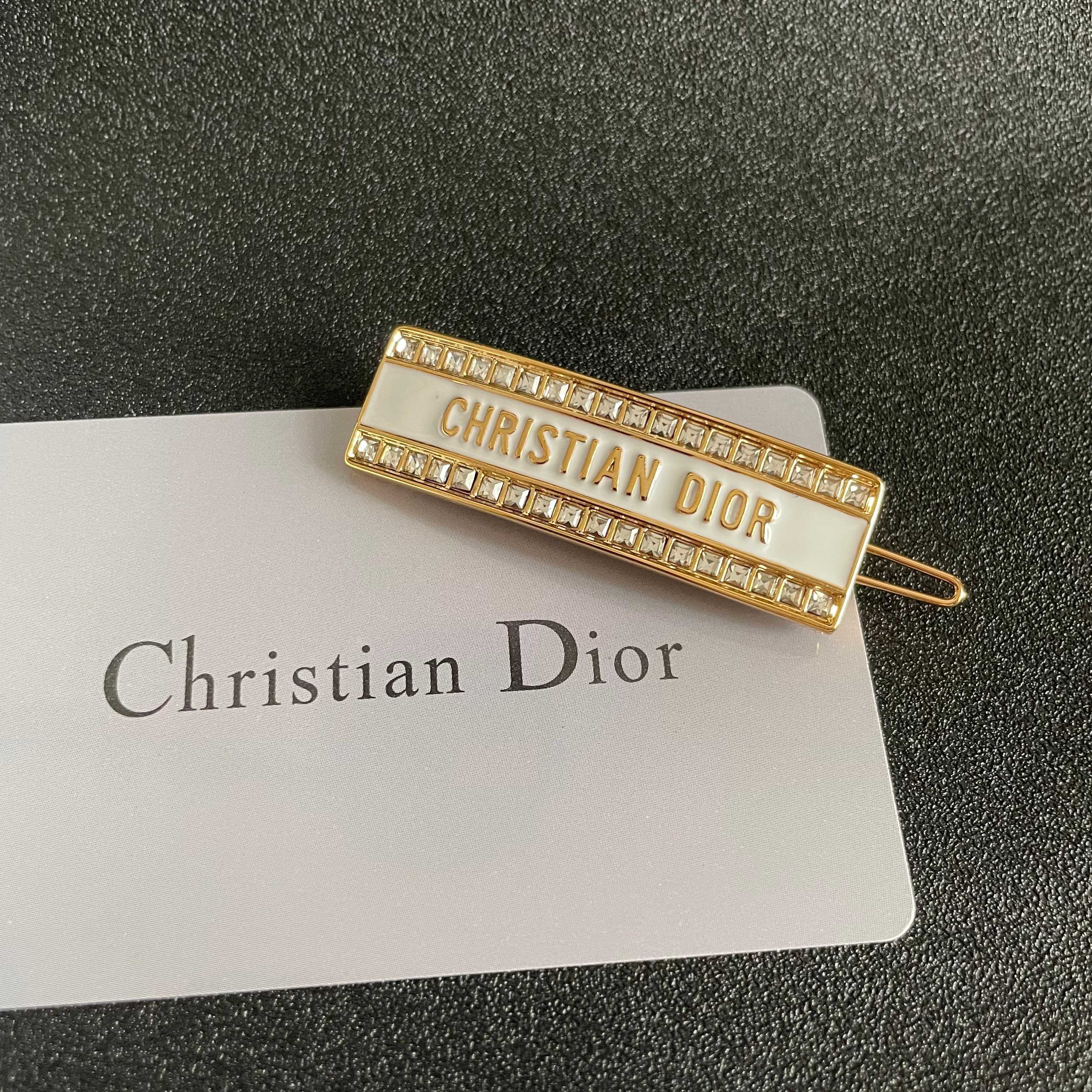 Dior Christian Dior Logo Crystal Hair Clip brooch Gold-tone metal white enamel clear crystal stones 5cm length