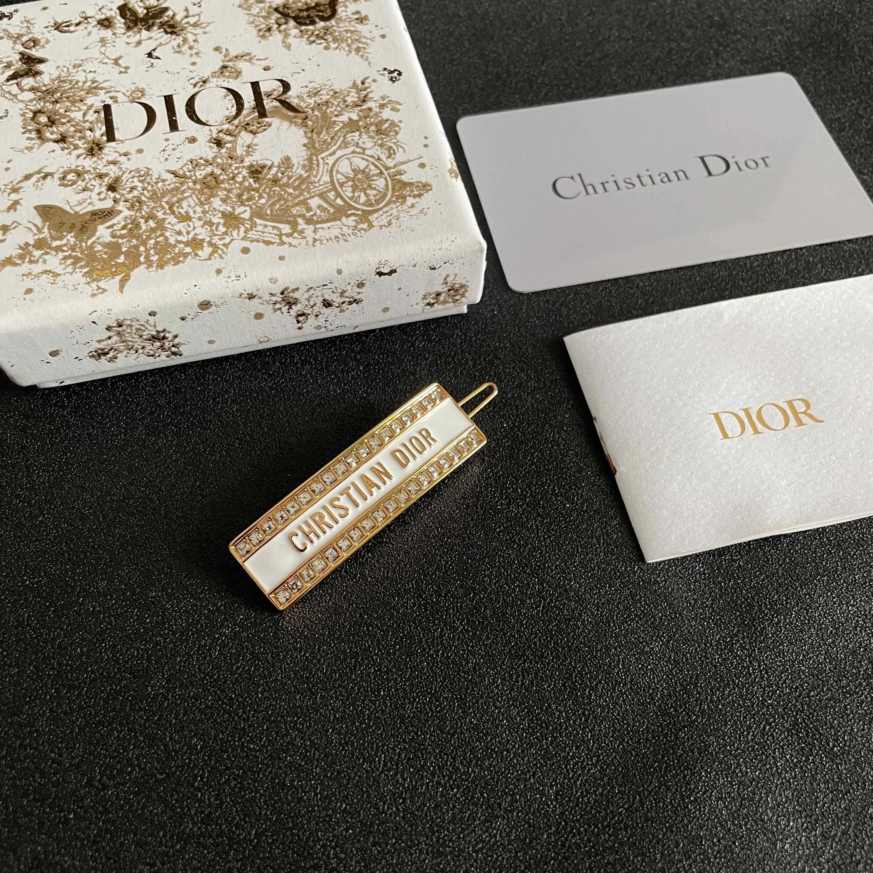 Dior Christian Dior Logo Crystal Hair Clip brooch Gold-tone metal white enamel clear crystal stones 5cm length