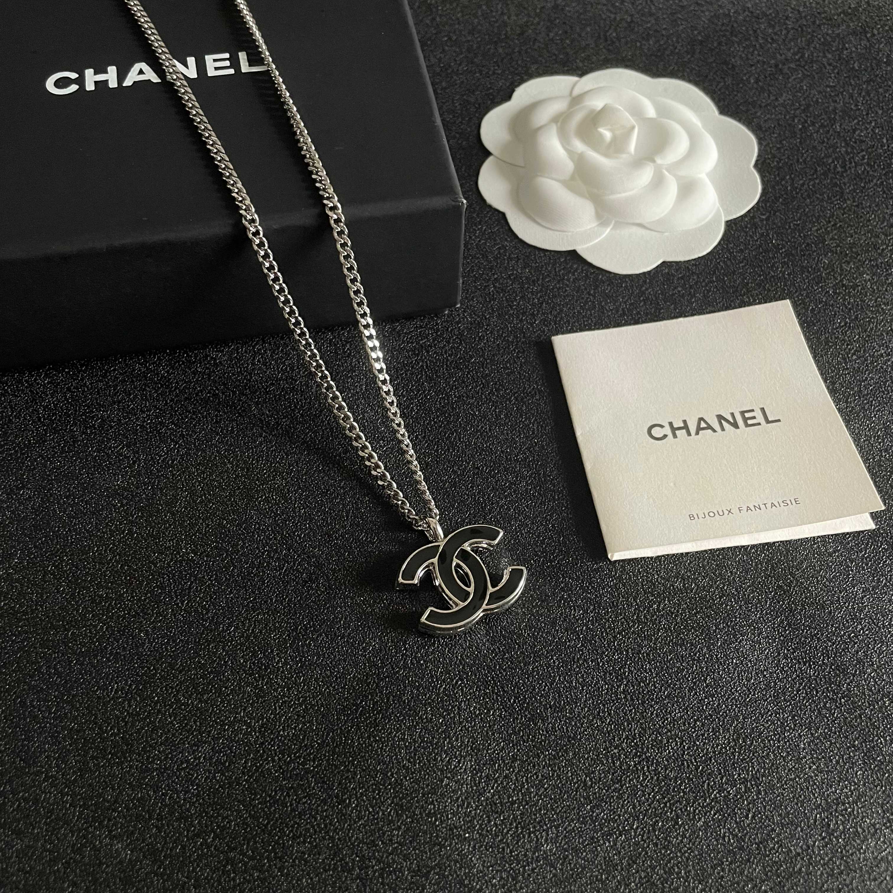 Chanel CC Logo Enamel Pendant Necklace necklace Silver-toned metal with black enamel 42cm
