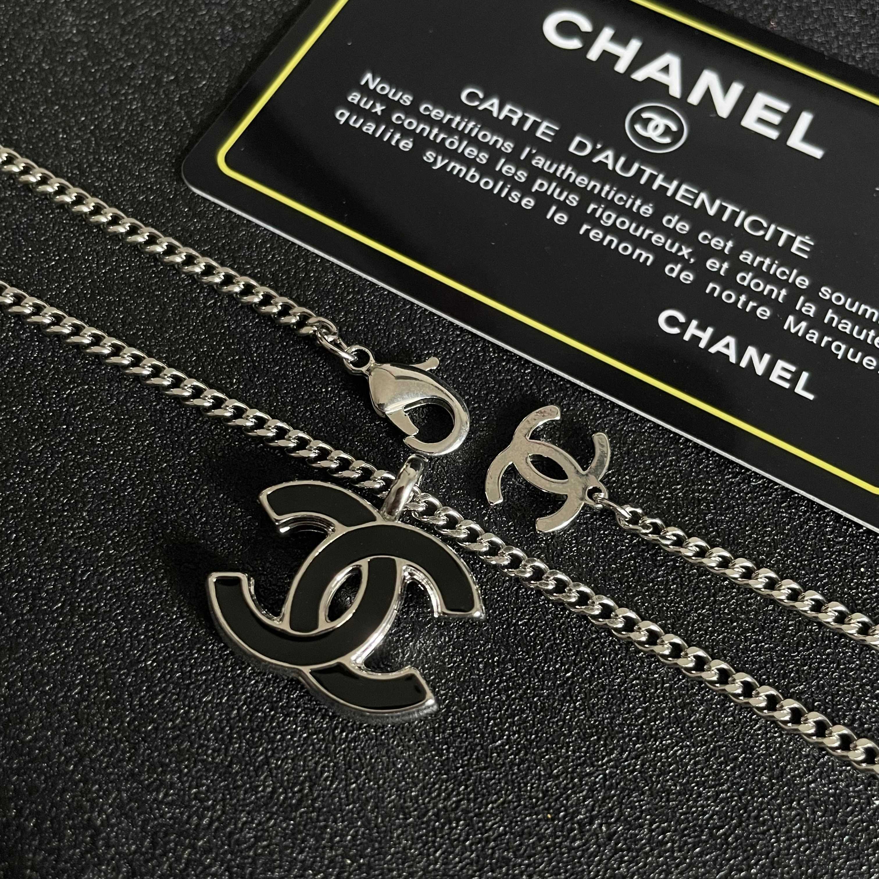 Chanel CC Logo Enamel Pendant Necklace necklace Silver-toned metal with black enamel 42cm