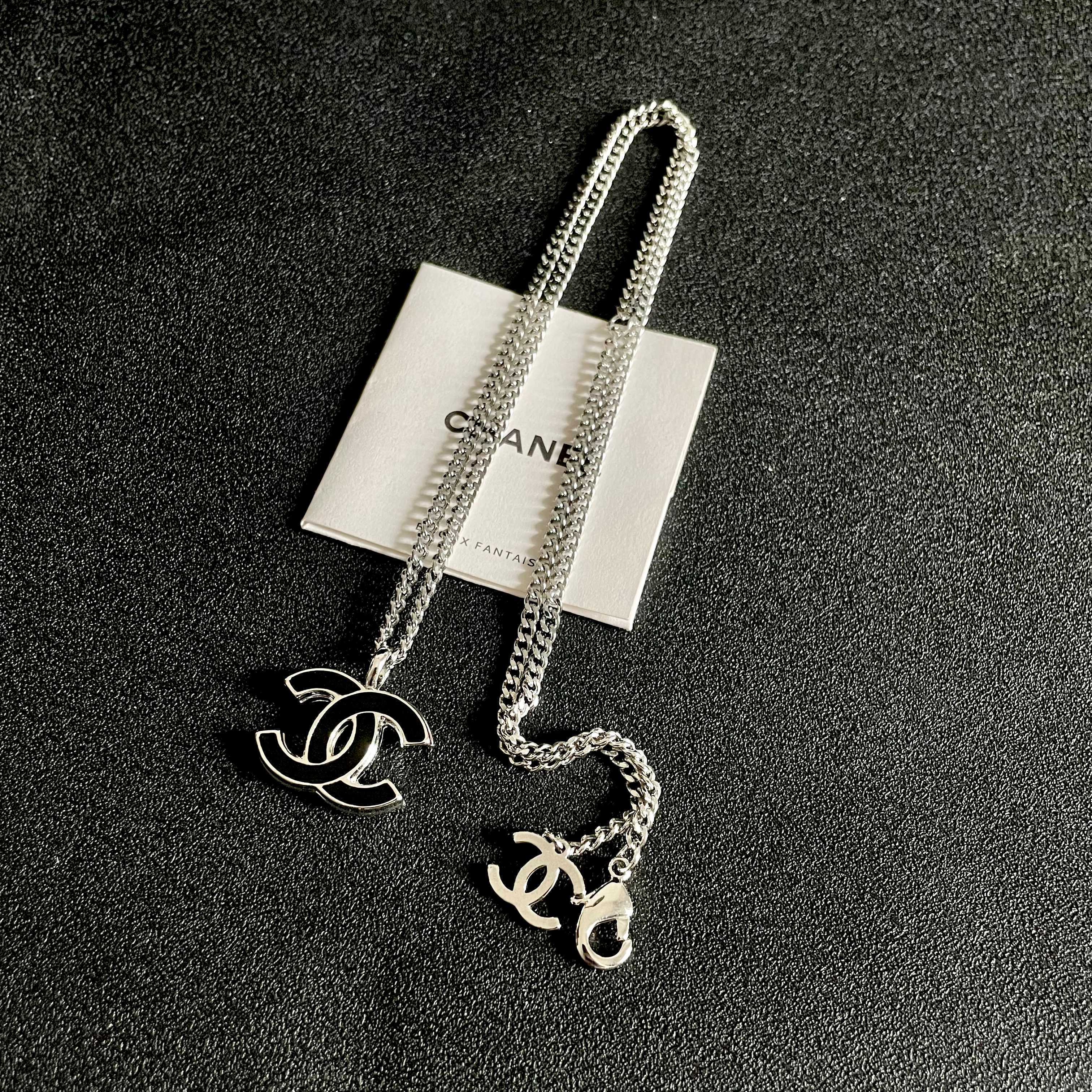 Chanel CC Logo Enamel Pendant Necklace necklace Silver-toned metal with black enamel 42cm