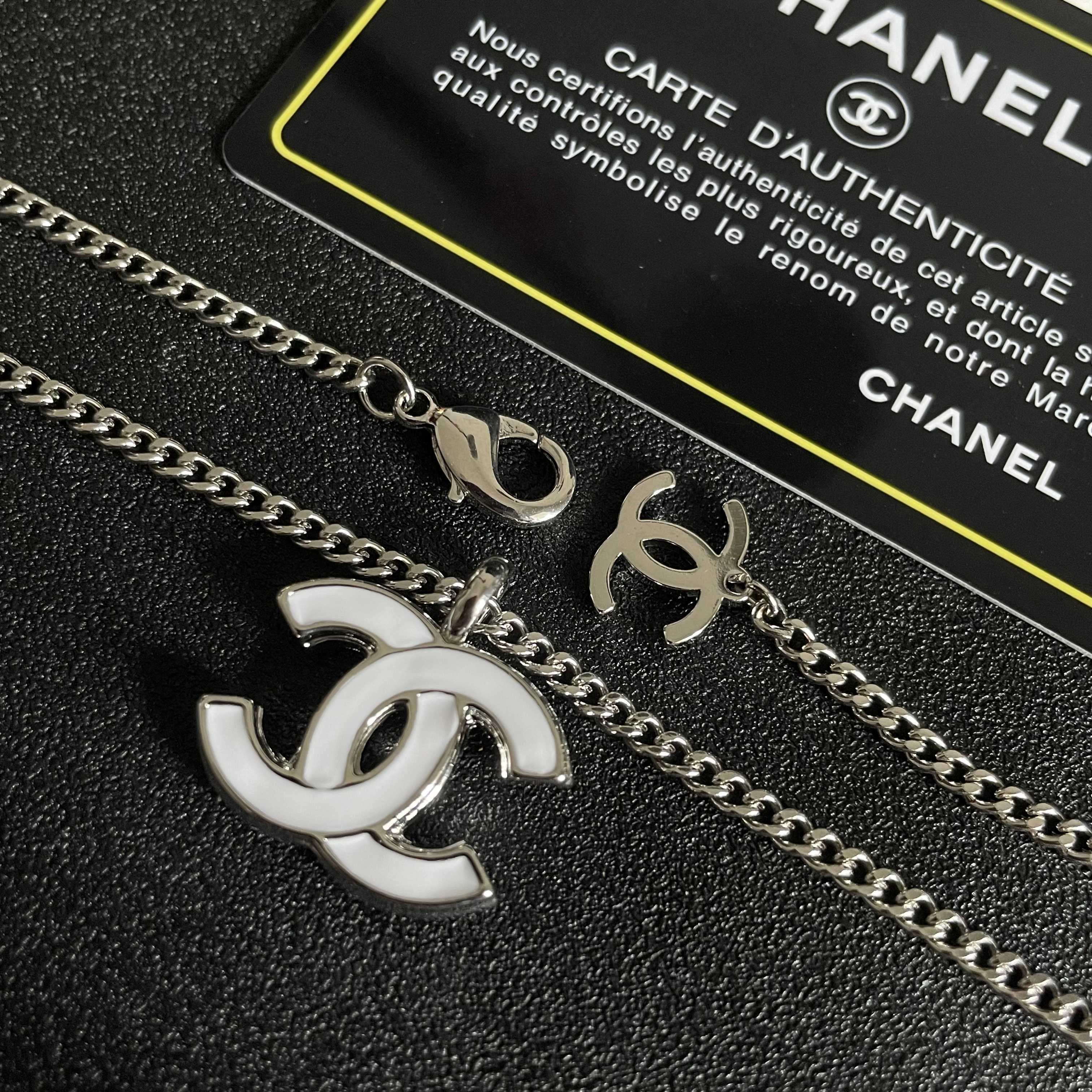 Chanel CC Logo Pendant Necklace necklace Silver-tone metal with white enamel 42cm