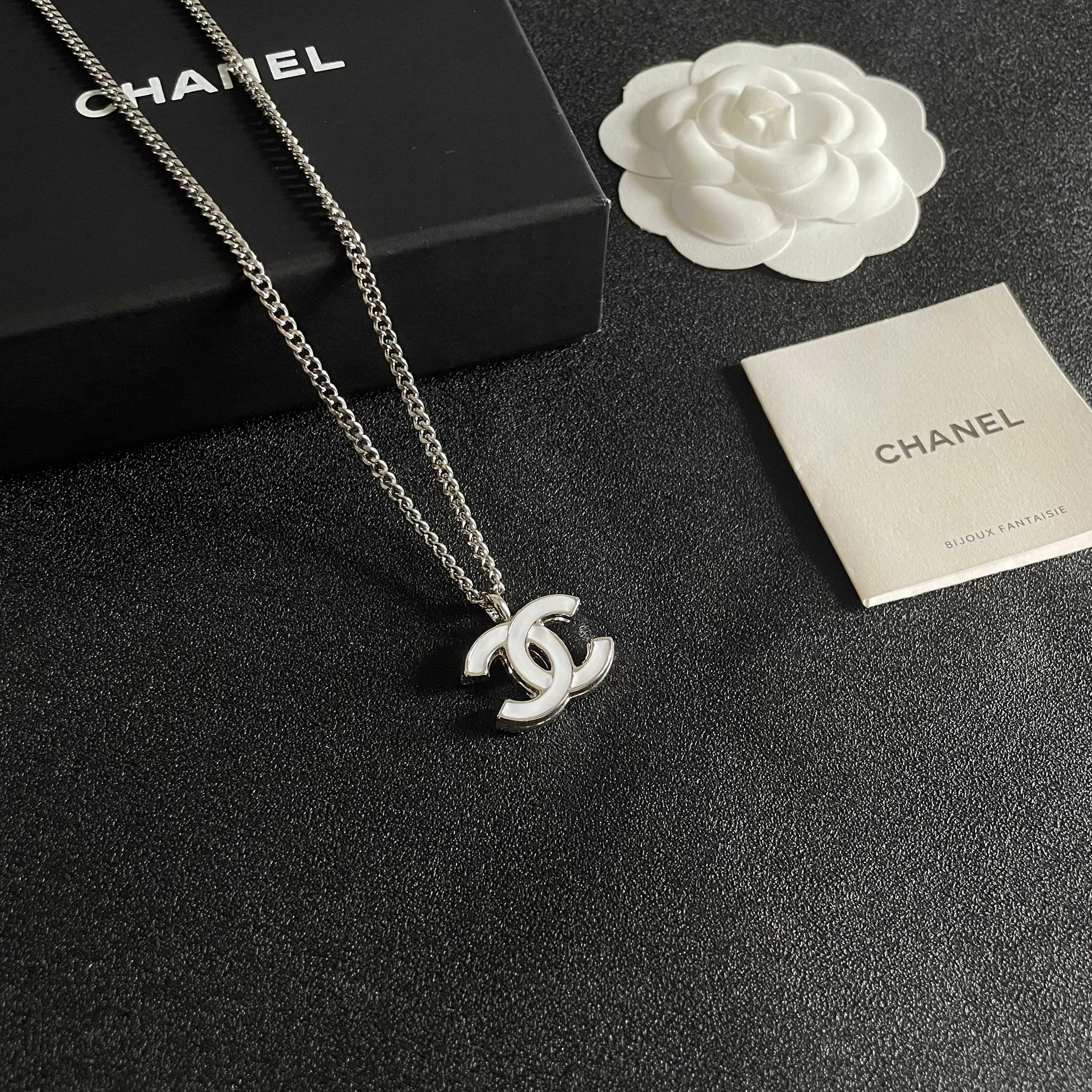 Chanel CC Logo Pendant Necklace necklace Silver-tone metal with white enamel 42cm