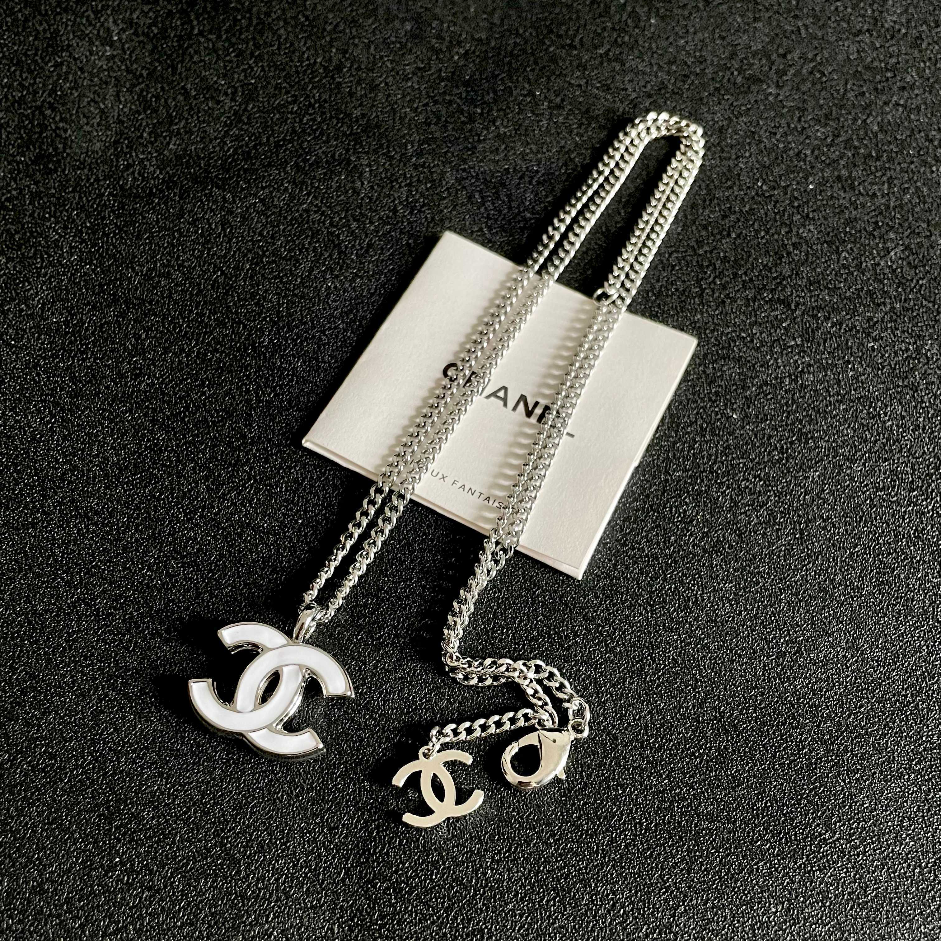 Chanel CC Logo Pendant Necklace necklace Silver-tone metal with white enamel 42cm