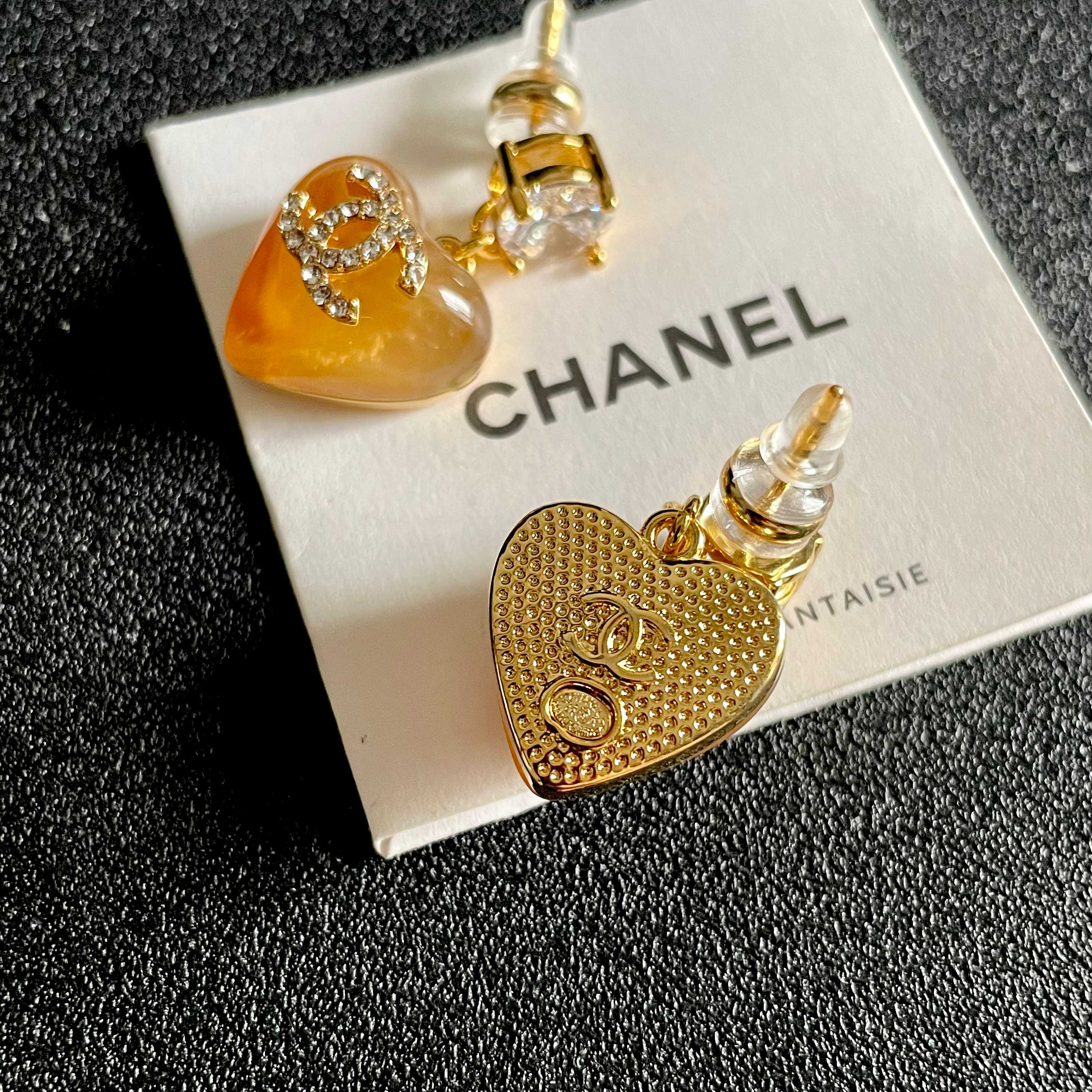 Chanel CC Logo Resin Heart Drop Earrings earrings gold tone metal orange translucent resin clear crystal accents 2 5cm drop length
