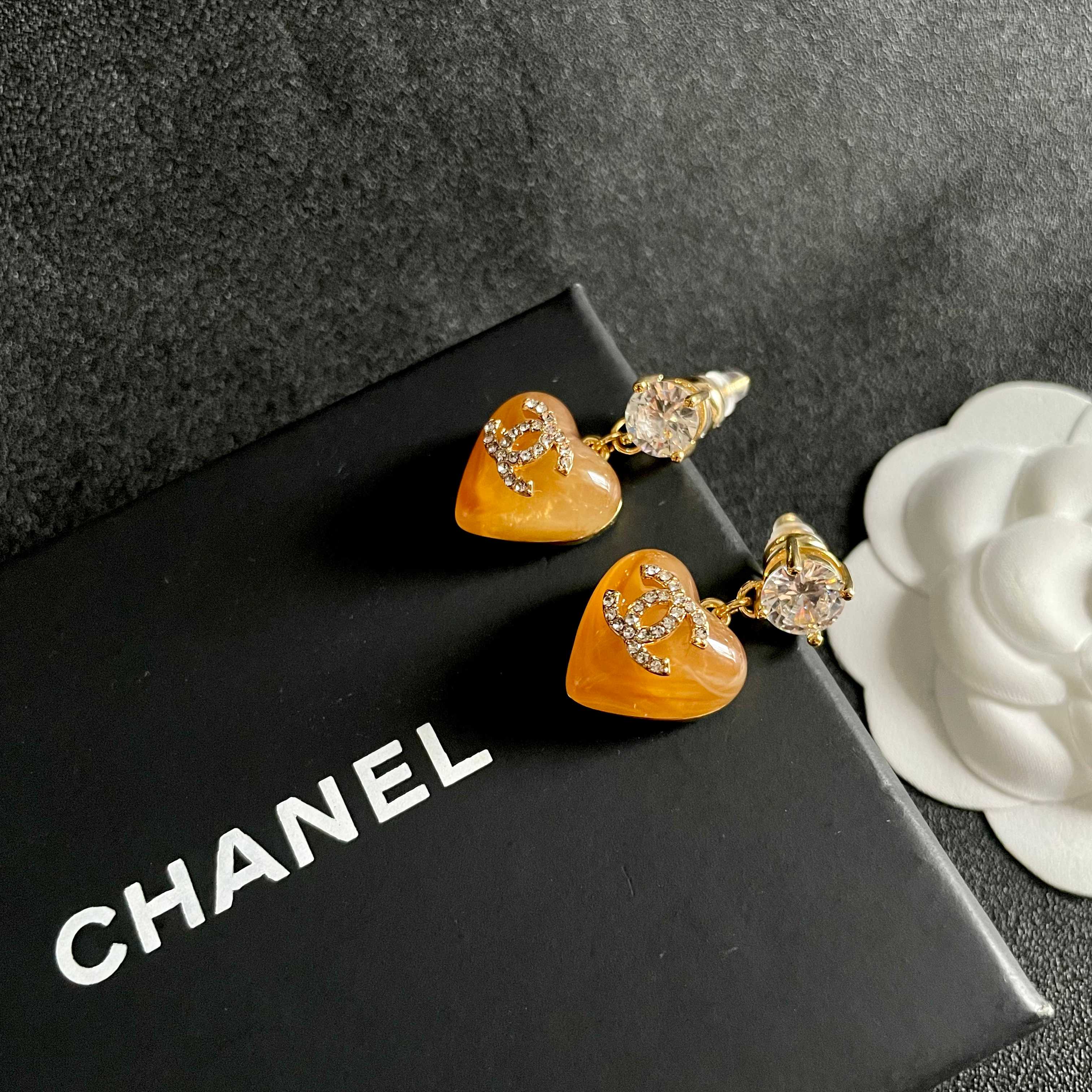 Chanel CC Logo Resin Heart Drop Earrings earrings gold tone metal orange translucent resin clear crystal accents 2 5cm drop length