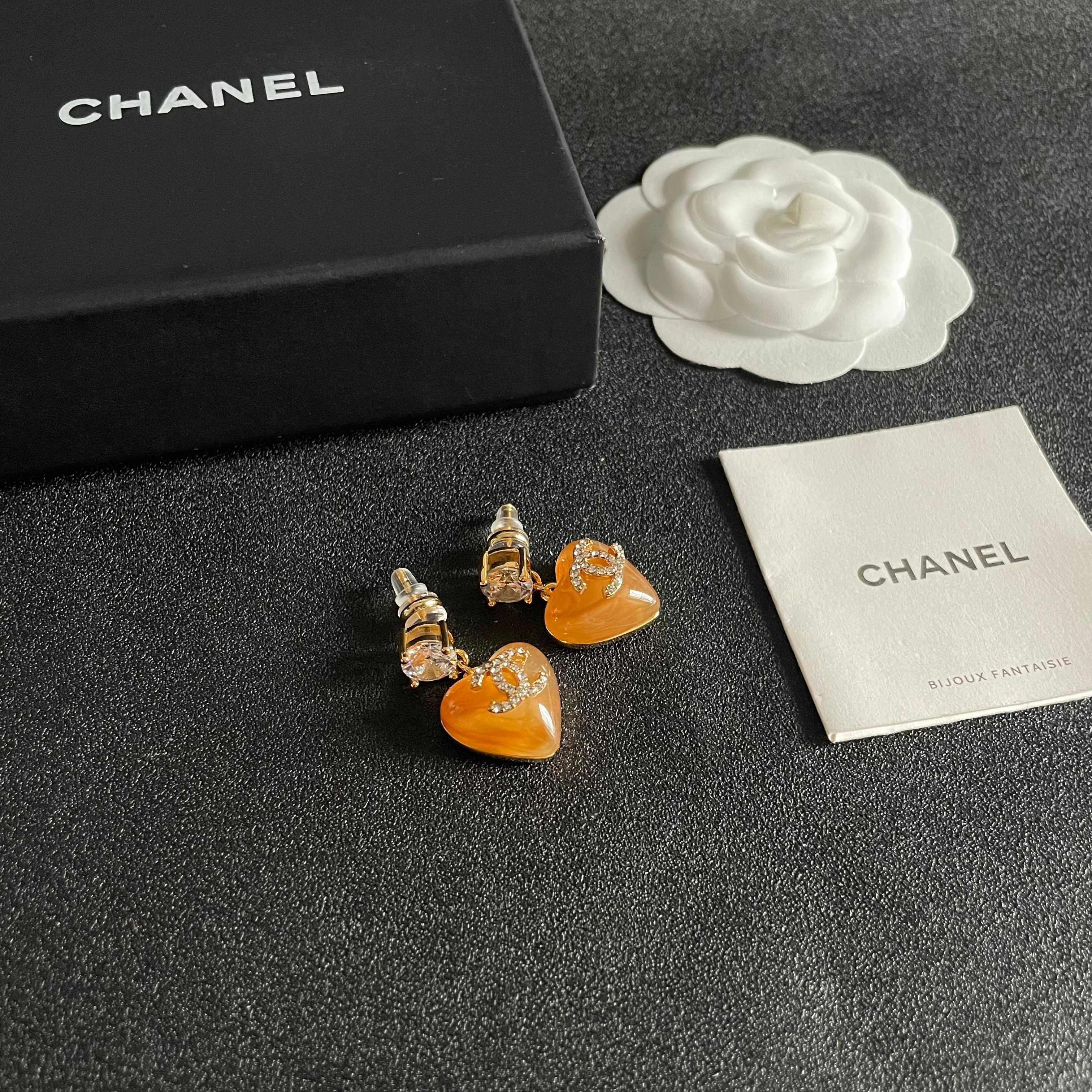 Chanel CC Logo Resin Heart Drop Earrings earrings gold tone metal orange translucent resin clear crystal accents 2 5cm drop length