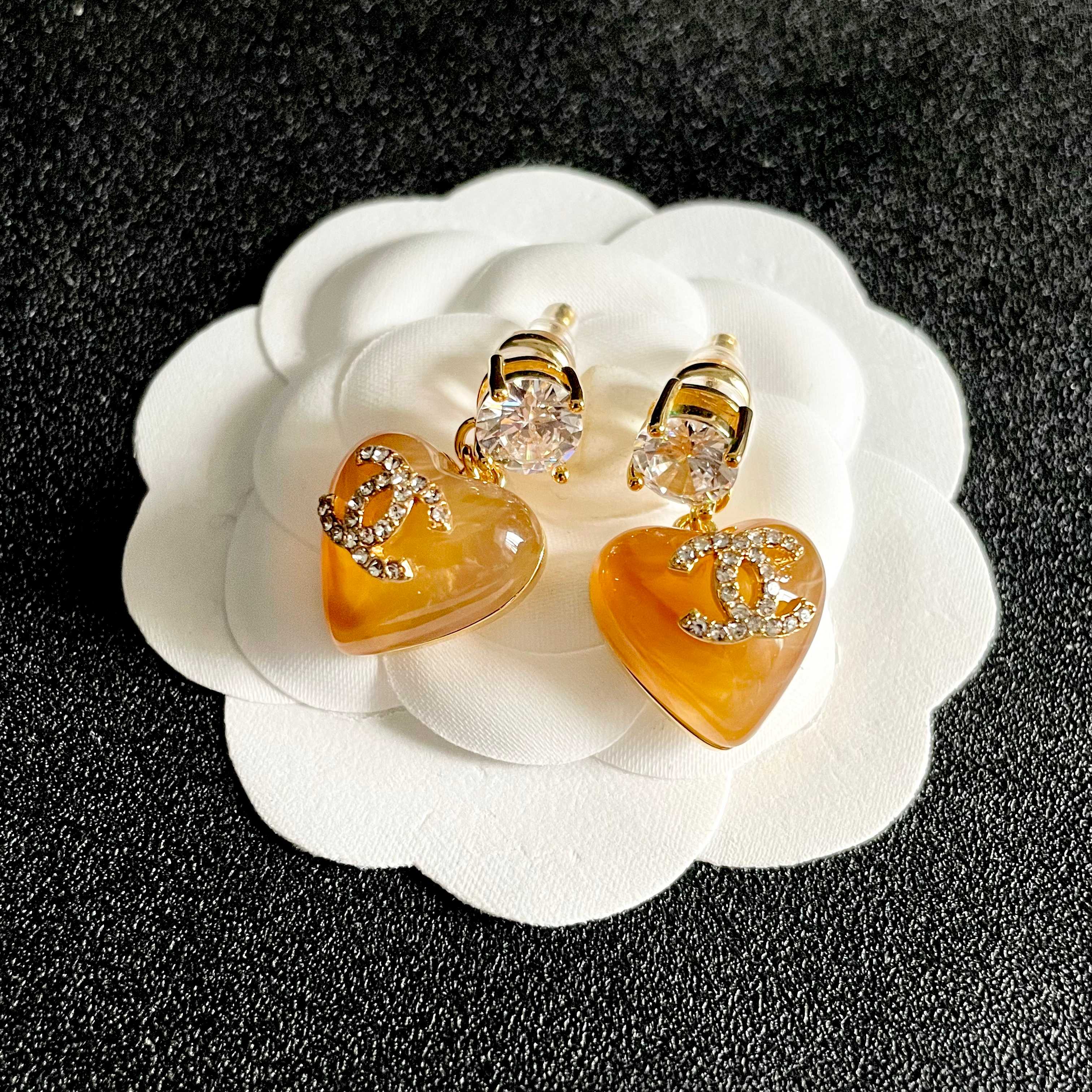 Chanel CC Logo Resin Heart Drop Earrings earrings gold tone metal orange translucent resin clear crystal accents 2 5cm drop length