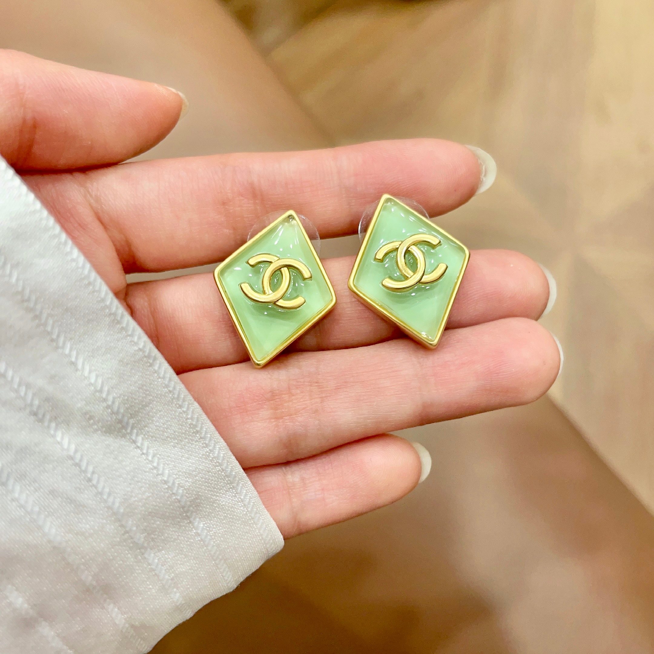 Chanel CC Logo Diamond Resin Stud Earrings earrings gold-tone metal with light mint green resin 1 5cm stud diameter