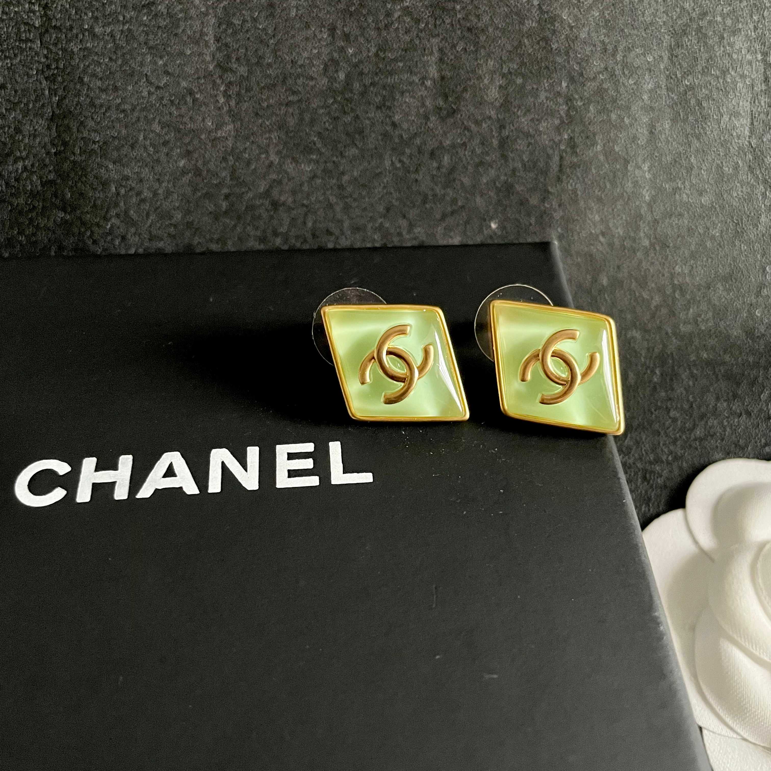 Chanel CC Logo Diamond Resin Stud Earrings earrings gold-tone metal with light mint green resin 1 5cm stud diameter