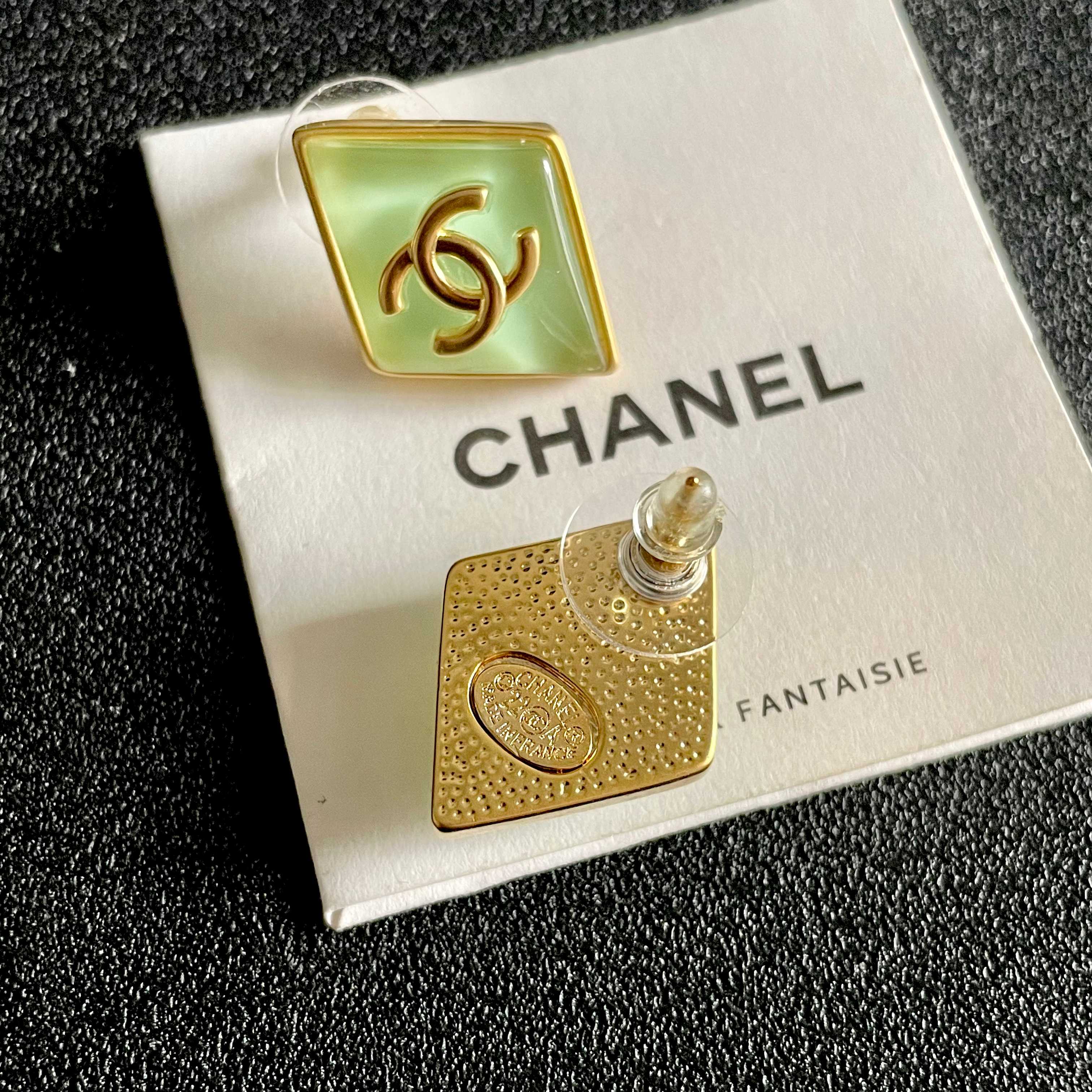 Chanel CC Logo Diamond Resin Stud Earrings earrings gold-tone metal with light mint green resin 1 5cm stud diameter
