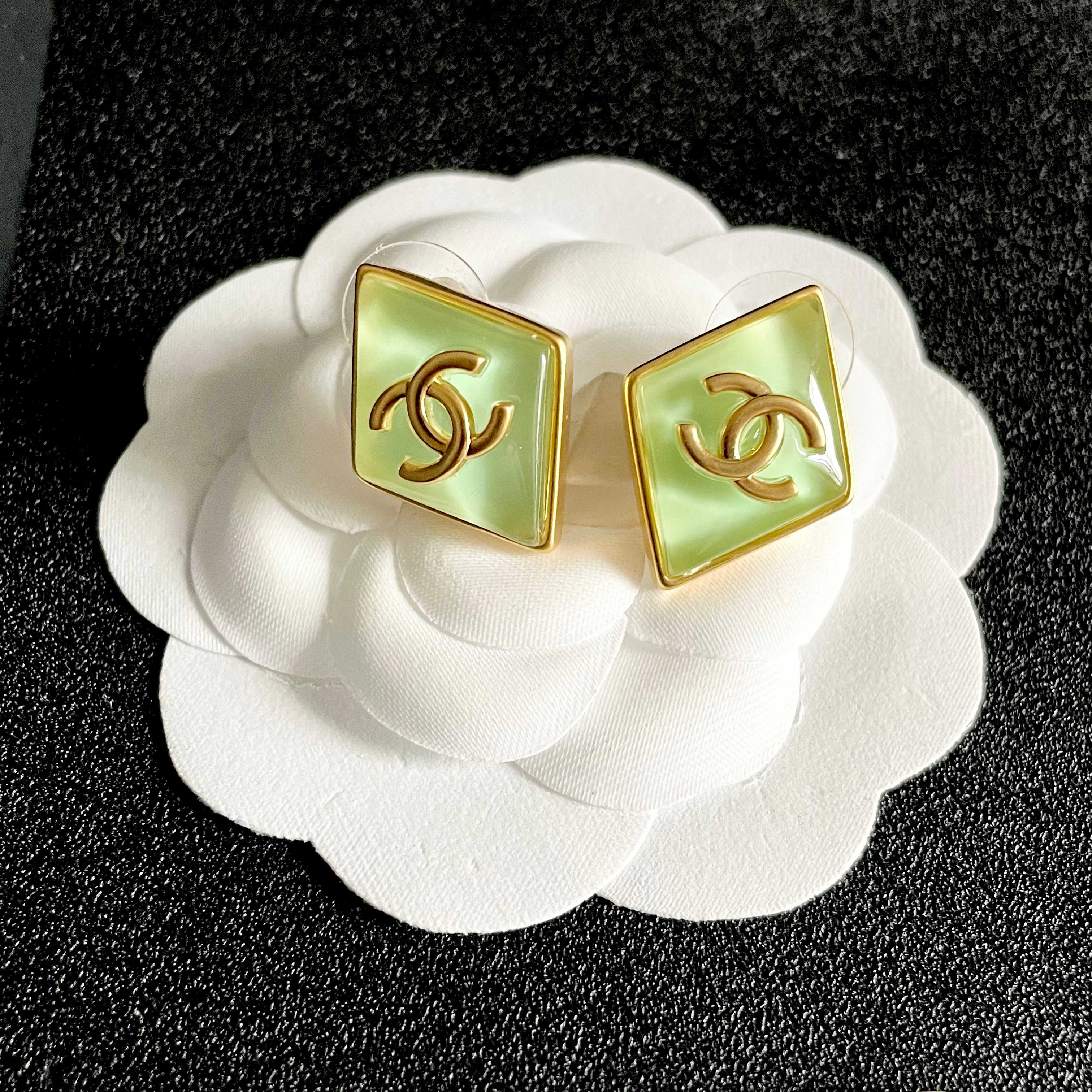 Chanel CC Logo Diamond Resin Stud Earrings earrings gold-tone metal with light mint green resin 1 5cm stud diameter