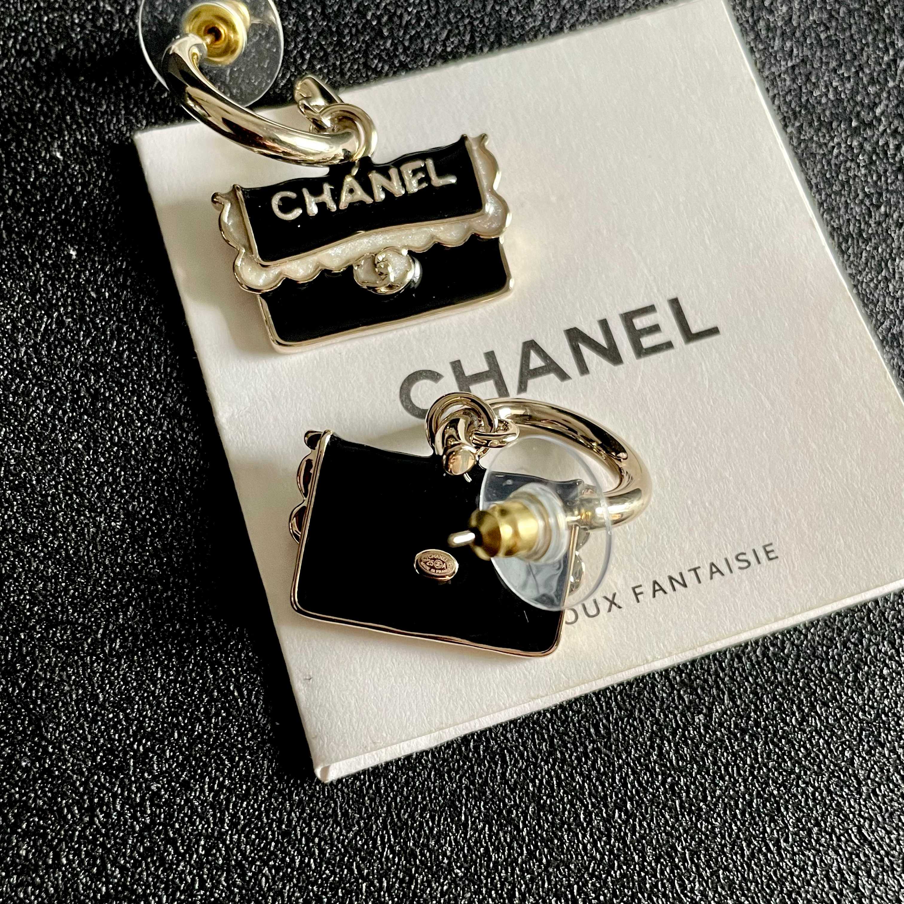Chanel Classic Flap Bag Charm Drop Earrings earrings light gold tone metal black enamel white enamel detailing 1 5cm drop length