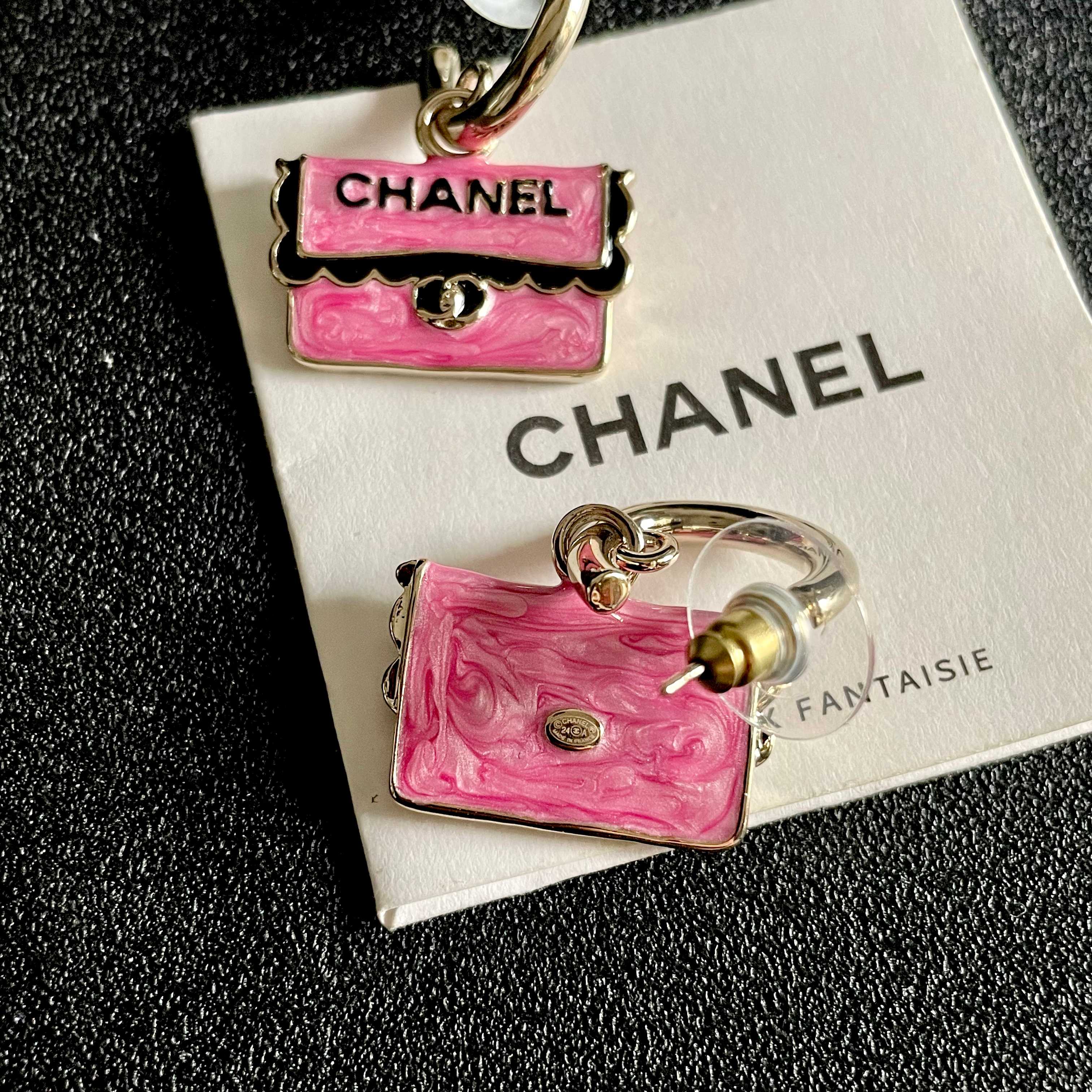 Chanel CC Logo Handbag Charm Drop Earrings earrings Gold-tone metal with pink enamel black enamel lettering and trim silver-tone turnlock detail 1 5cm hoop diameter 2cm total drop length