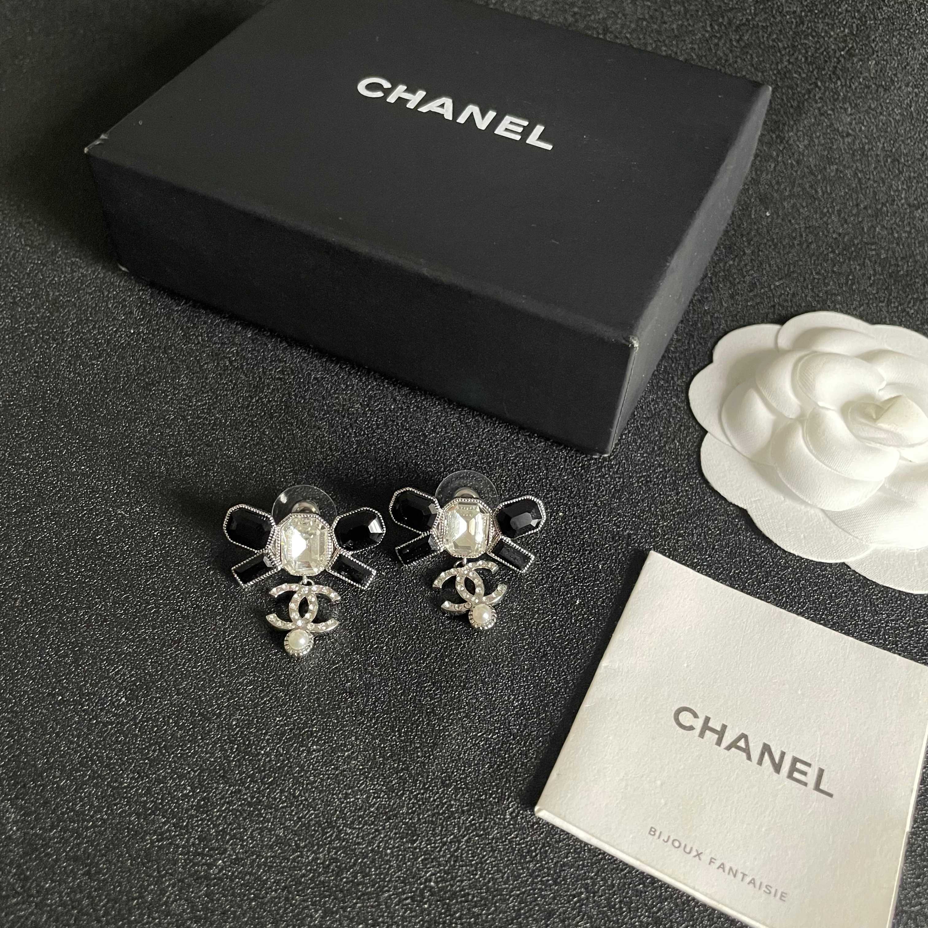Chanel CC Logo Bow Drop Earrings earrings Silver-tone metal with black resin clear crystal and white pearl accents One Size 2 5cm drop length