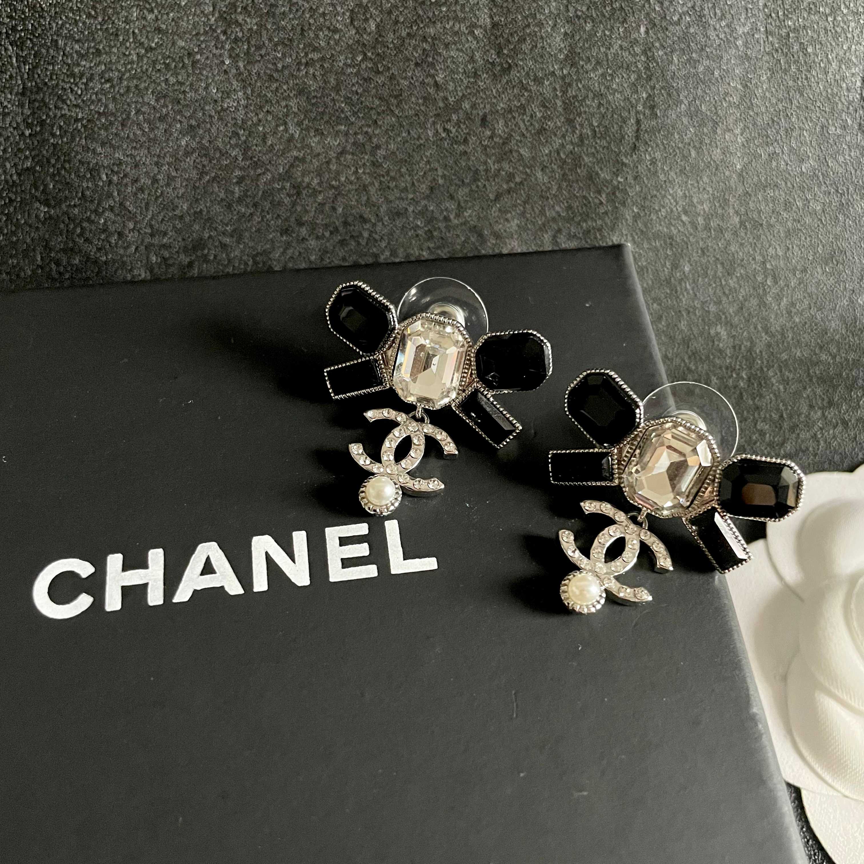 Chanel CC Logo Bow Drop Earrings earrings Silver-tone metal with black resin clear crystal and white pearl accents One Size 2 5cm drop length