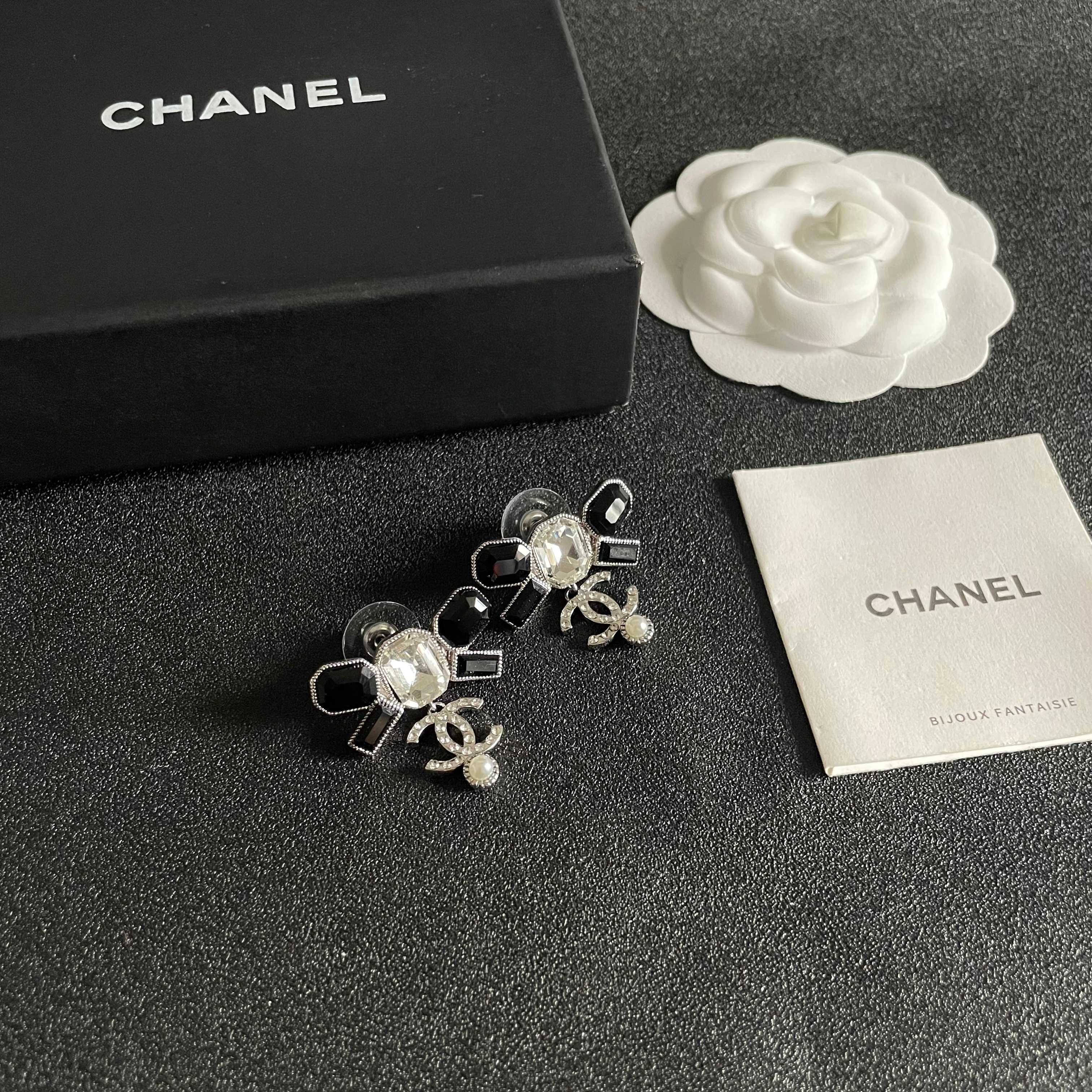 Chanel CC Logo Bow Drop Earrings earrings Silver-tone metal with black resin clear crystal and white pearl accents One Size 2 5cm drop length