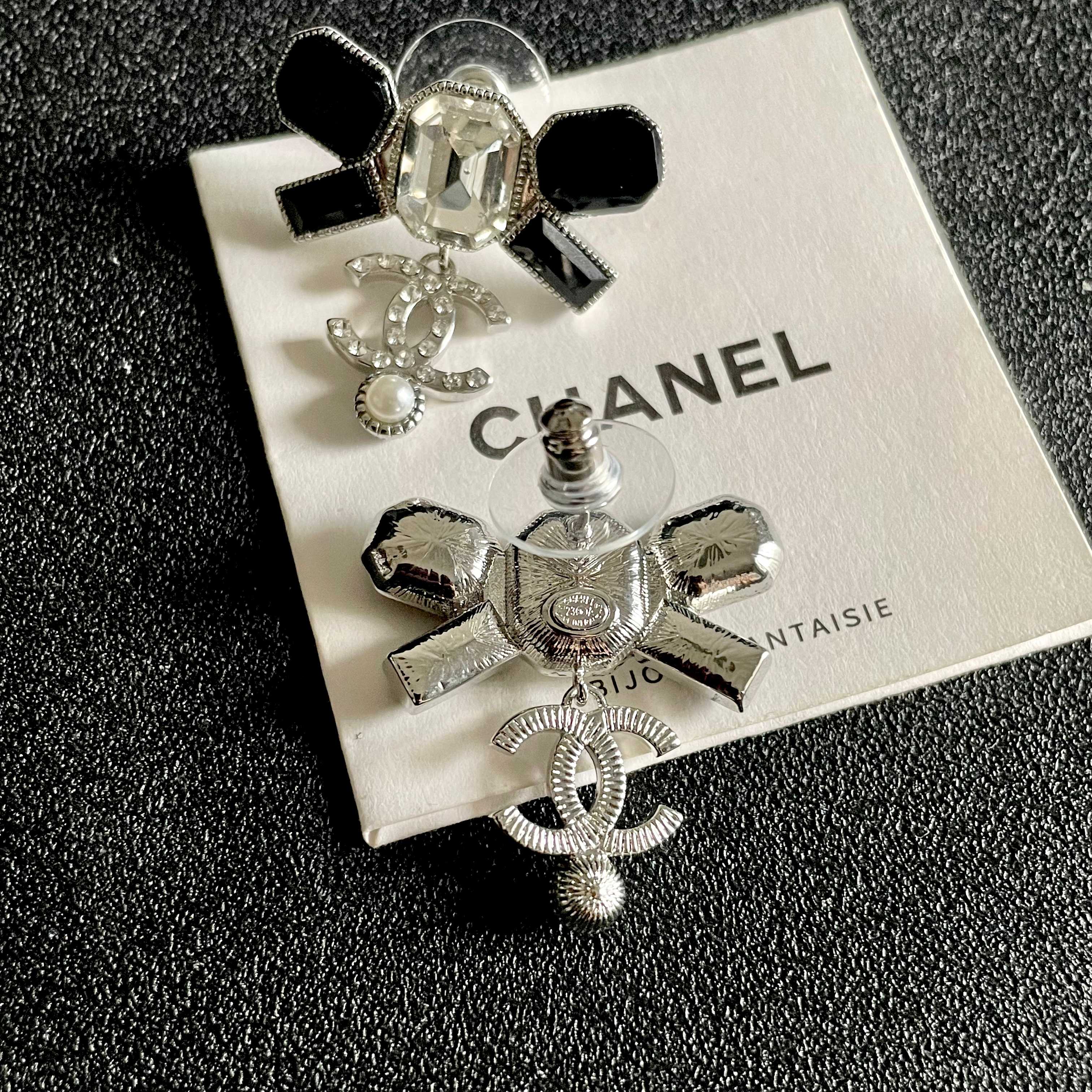 Chanel CC Logo Bow Drop Earrings earrings Silver-tone metal with black resin clear crystal and white pearl accents One Size 2 5cm drop length