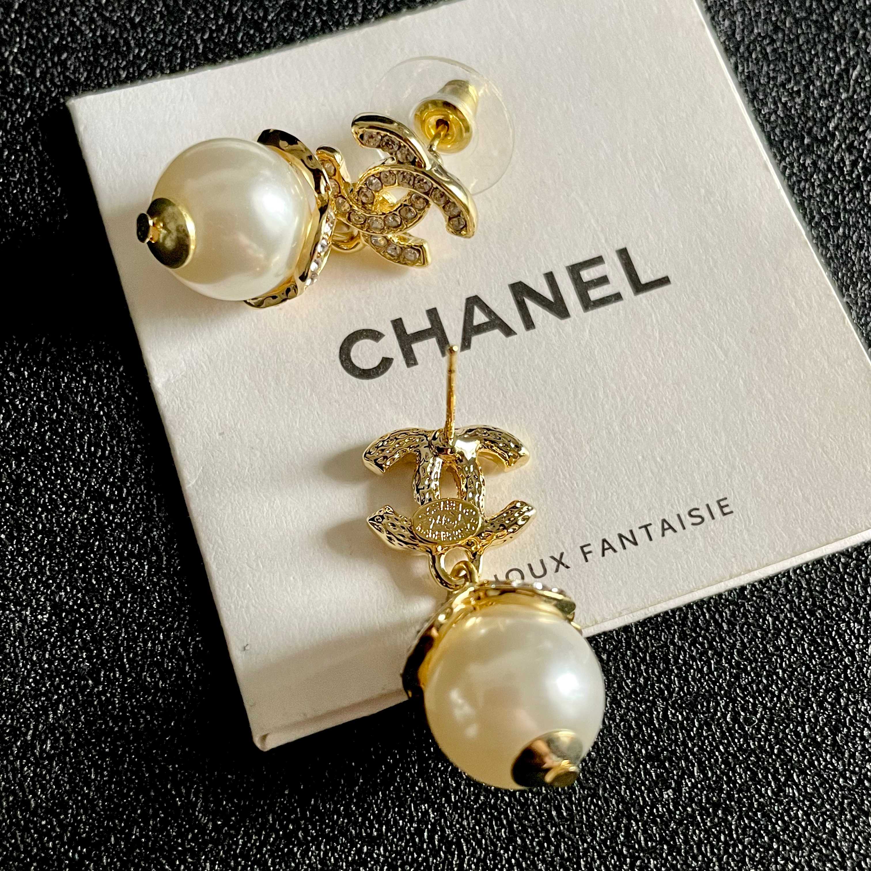 Chanel CC Logo Pearl Drop Earrings earrings gold-tone metal clear crystal cream white pearl 2 5cm drop length