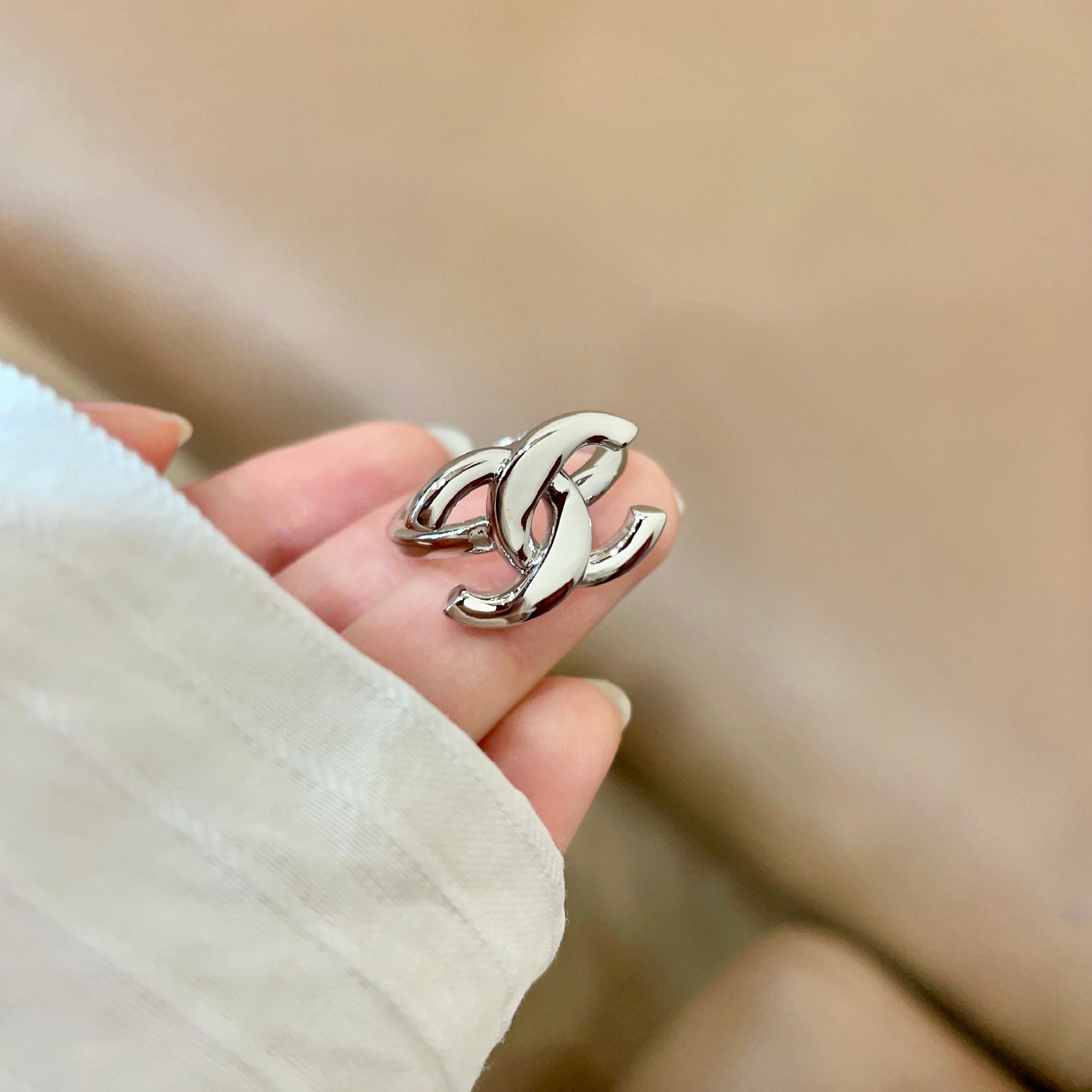 Chanel CC Logo ring silver tone metal no accent stones adjustable open band