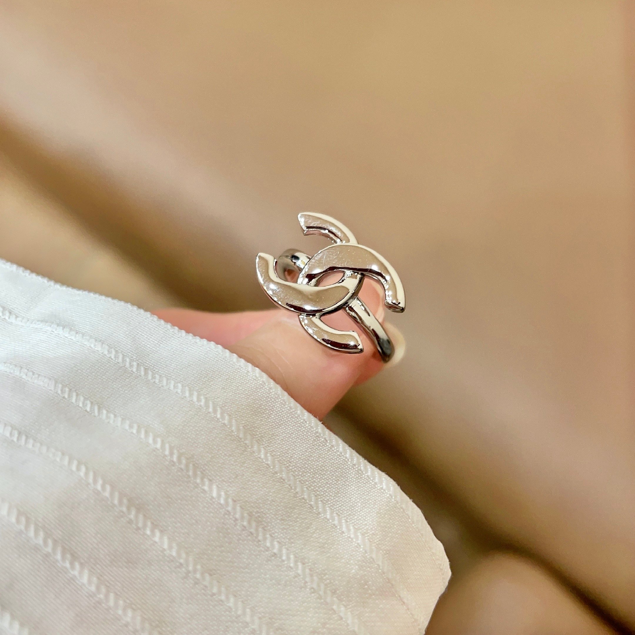 Chanel CC Logo ring silver tone metal no accent stones adjustable open band